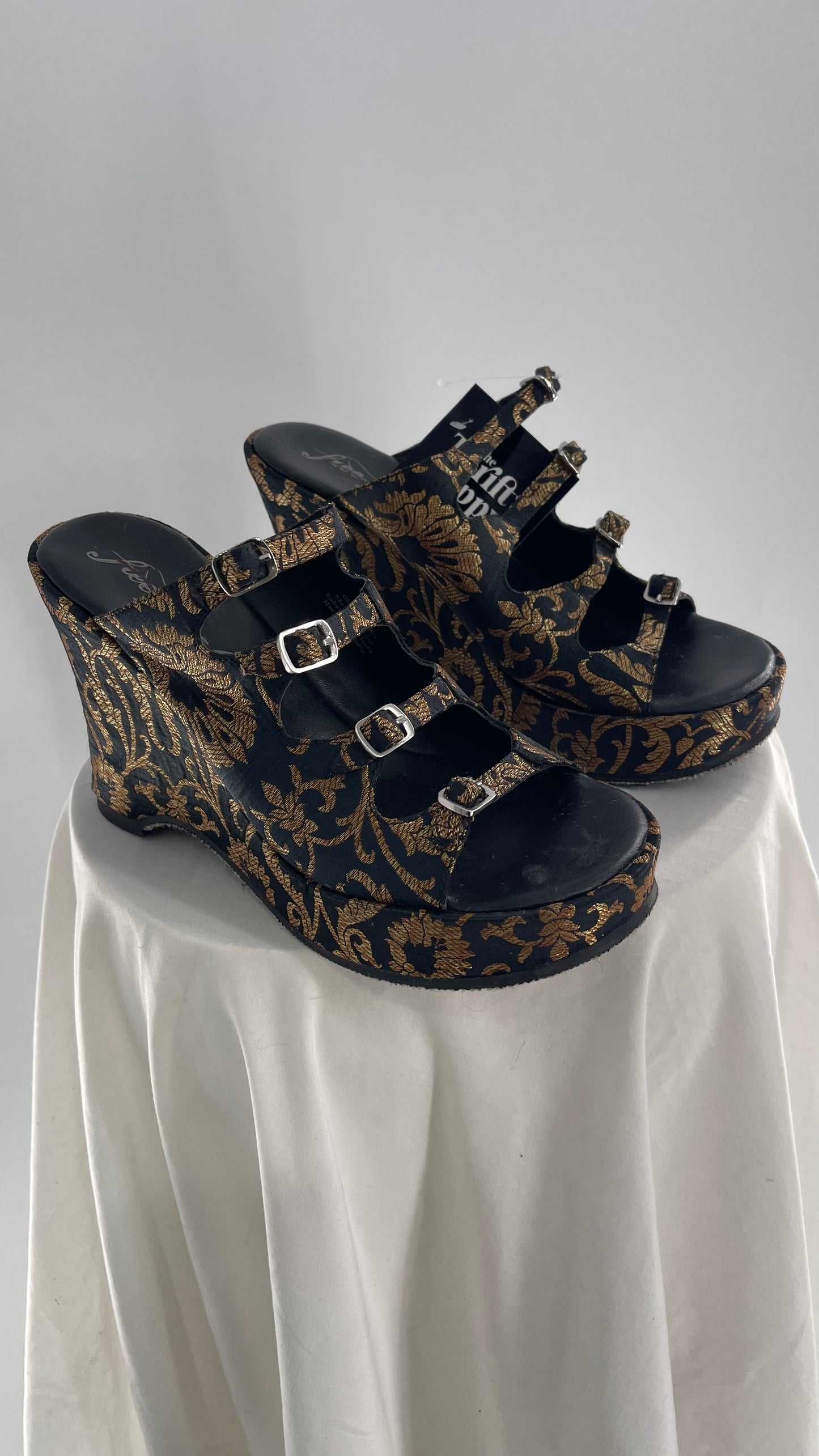 Free People Black Hoffman Buckle Front Wedge Heels with Satin Gold Paisley/Brocade Pattern (37)