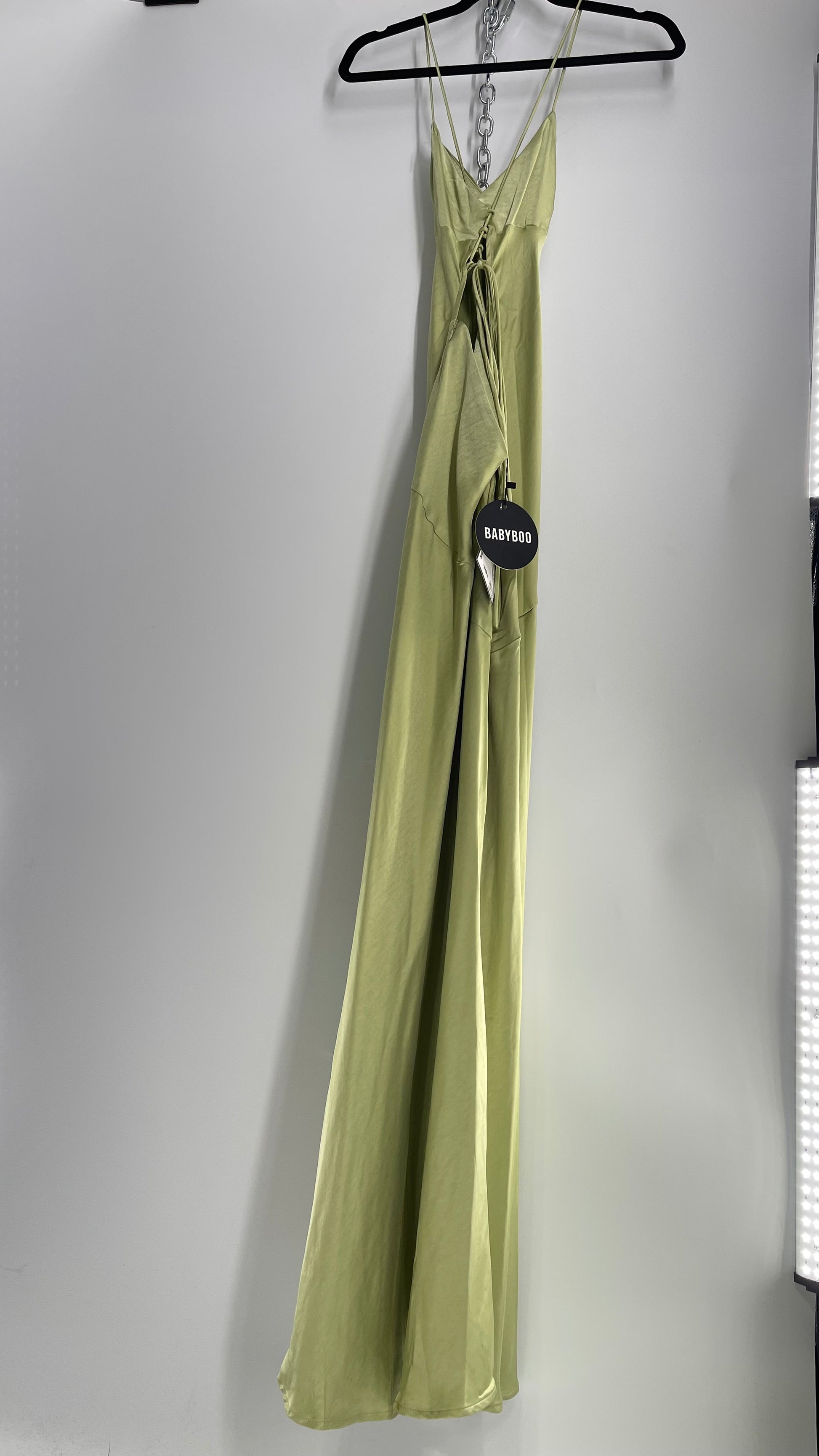 BABYBOO Isobel Sage Green Side Slit, Open Tie Up Back Gown (M) The Thrifty Hippy BABYBOO Isobel Sage Green Side Slit, Open Tie Up Back Gown (M) The Thrifty Hippy