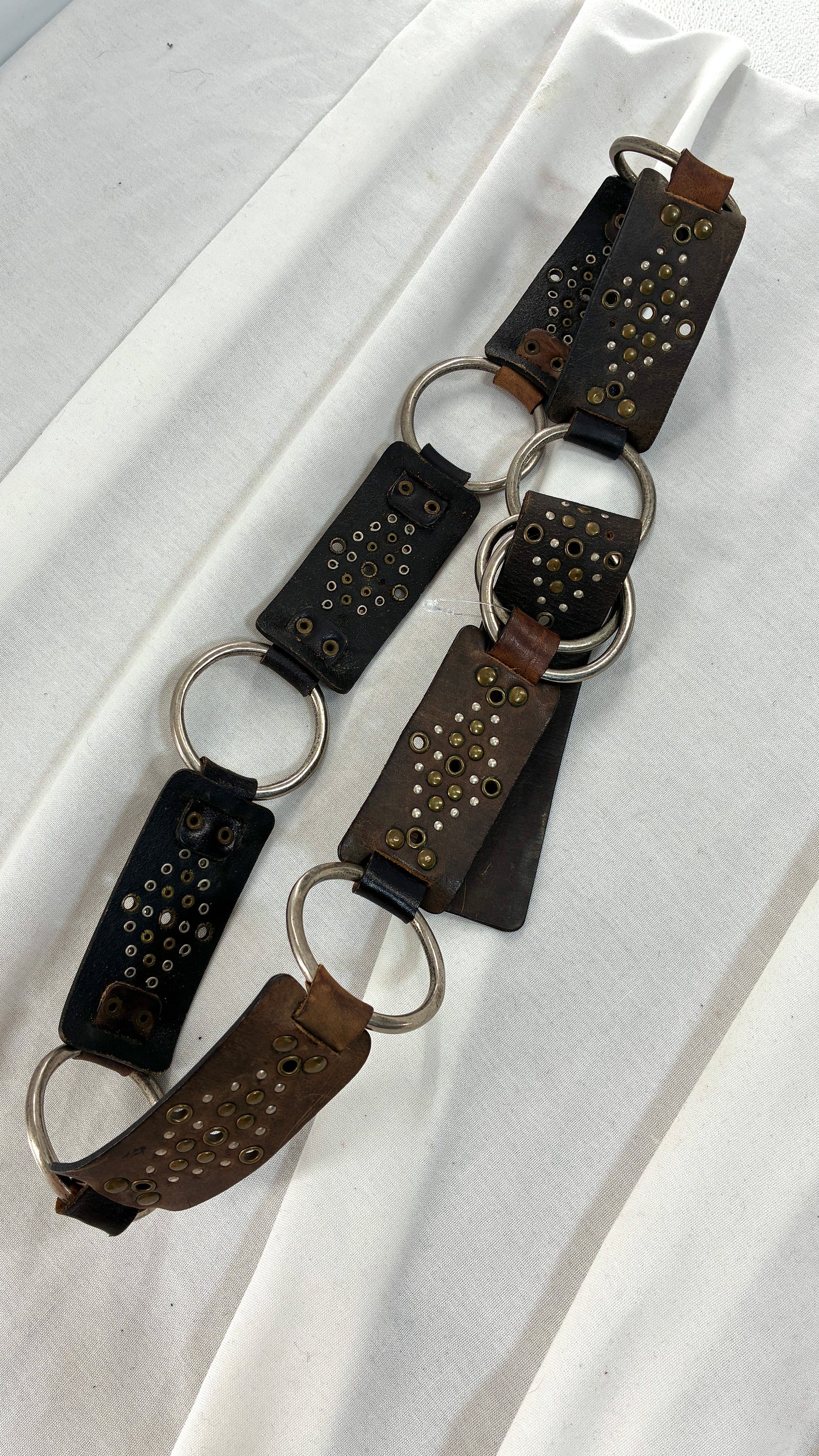 Vintage Studded Leather and Interconnected Metal Ring Belt