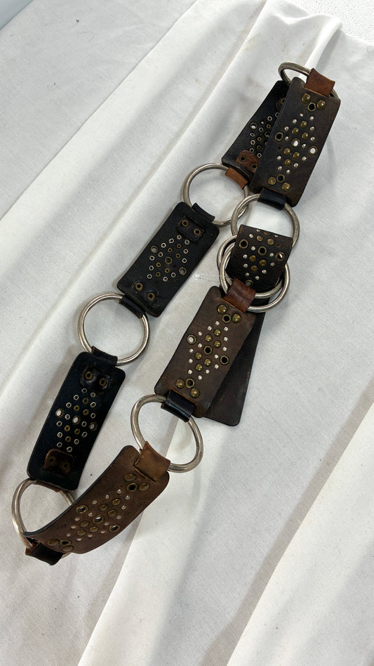 Vintage Studded Leather and Interconnected Metal Ring Belt