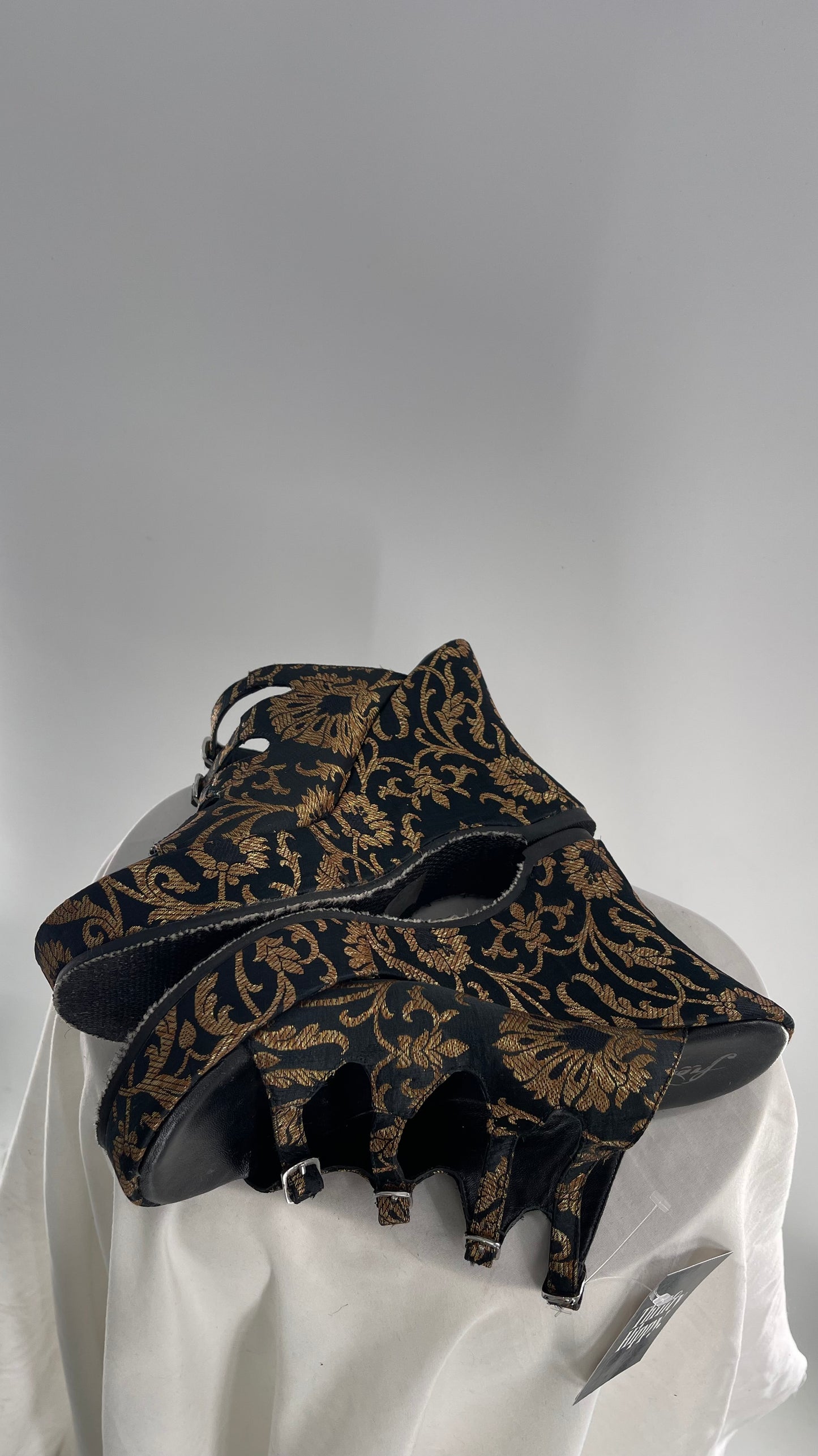 Free People Black Hoffman Buckle Front Wedge Heels with Satin Gold Paisley/Brocade Pattern (37)