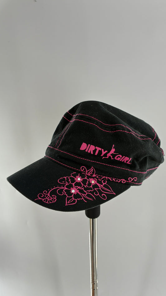 Vintage DIRTY GIRL Black Band Hat with Hot Pink Florals and Contrast Stitching