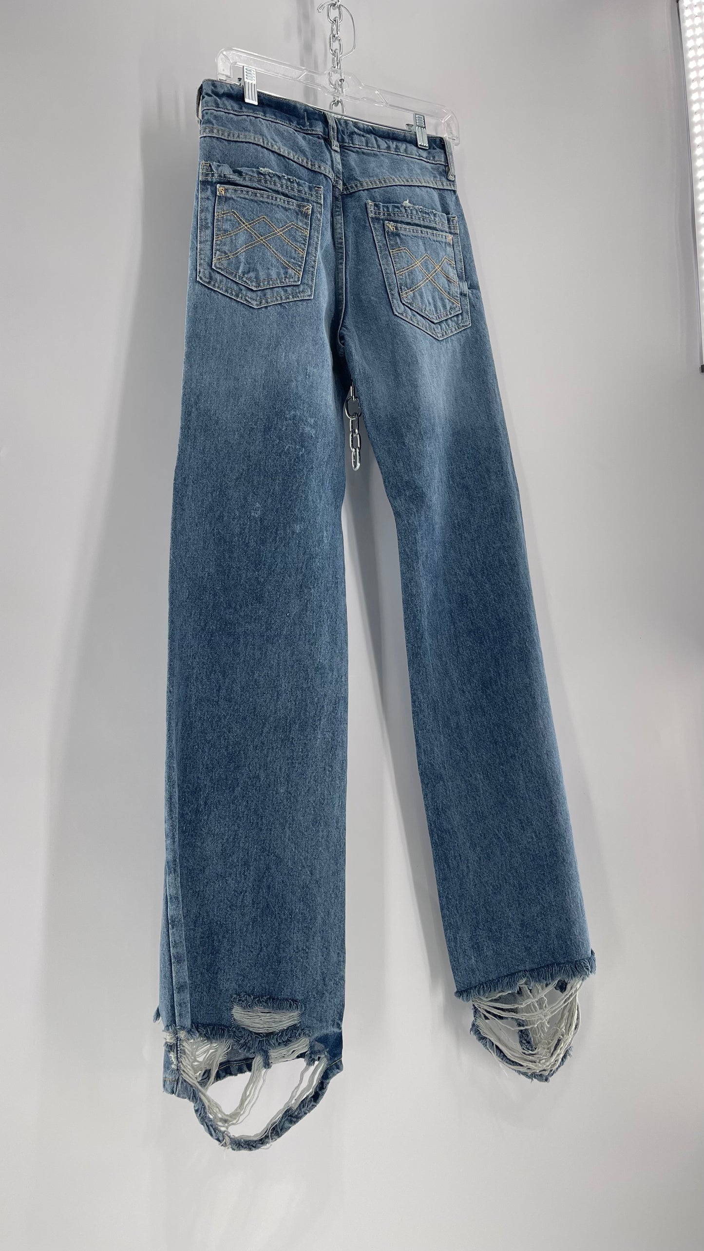 Free People Light Wash Straight Leg Jeans with Distressed Hem, Double Pockets and White Paint with Tags Attached (25)