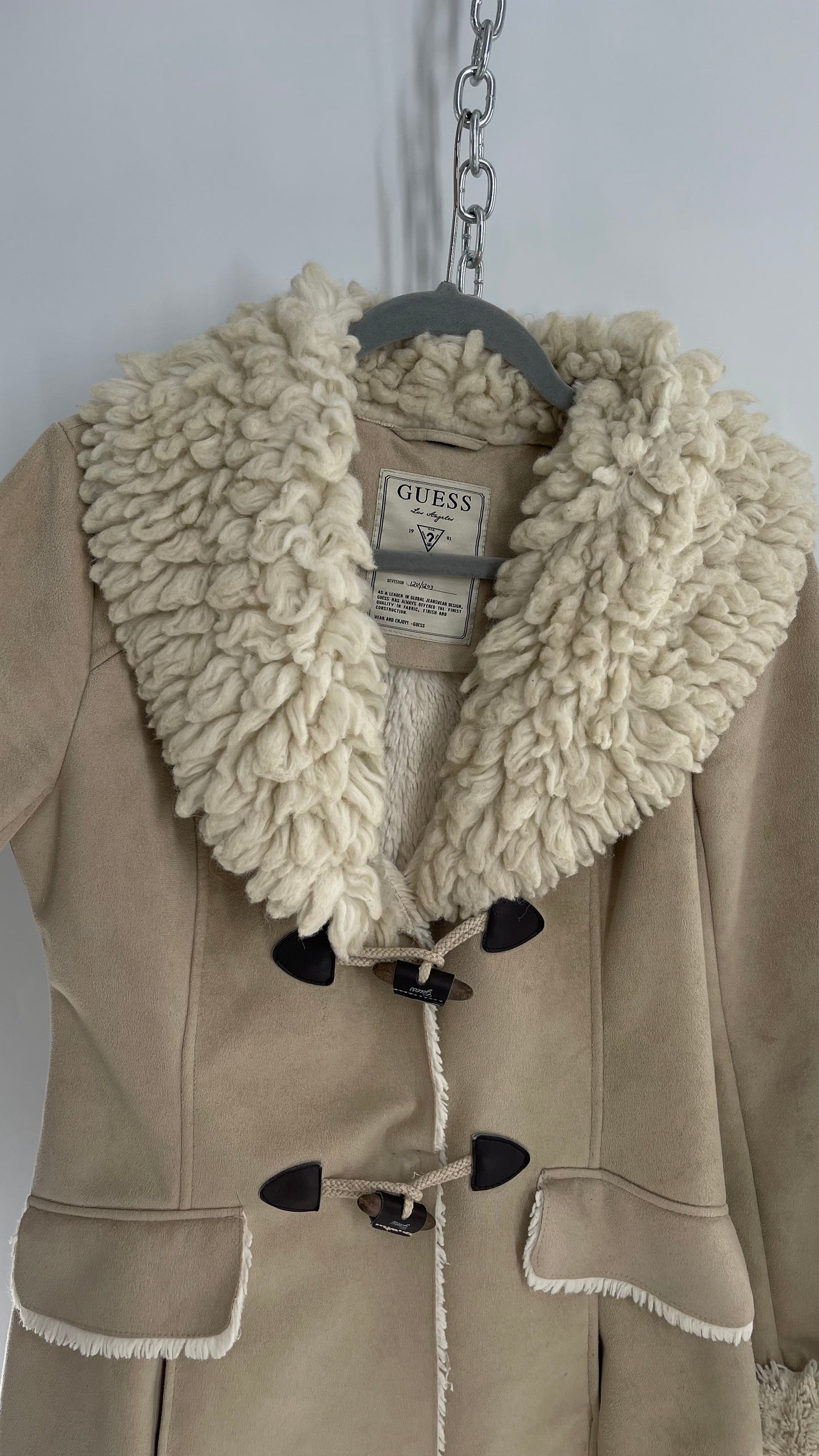 1990s GUESS Tan Vegan Suede Sherpa Lined Coat with Exaggerated Fur Collar (Small)