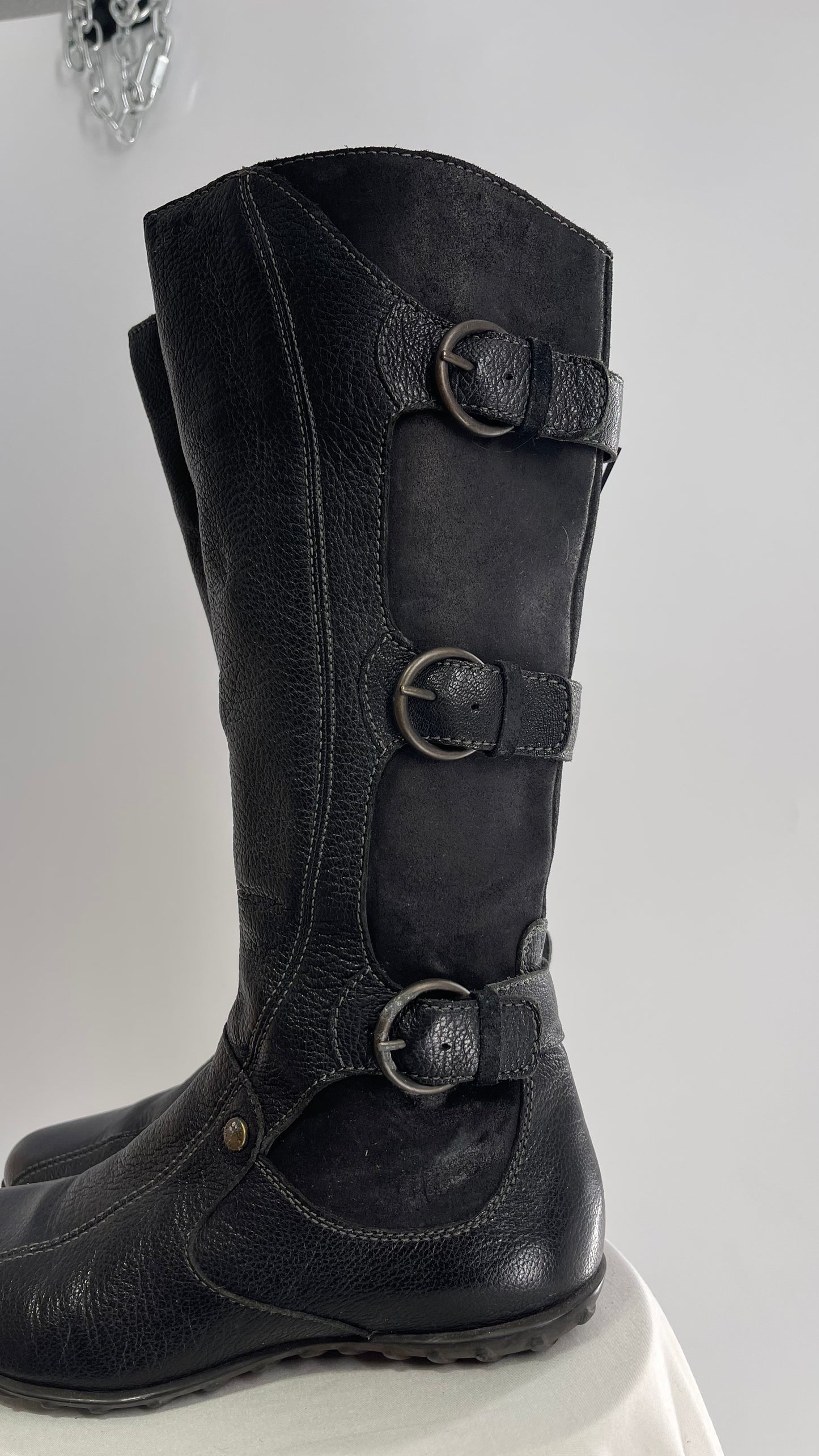 GEOX Black Leather Buckle Knee High Boots