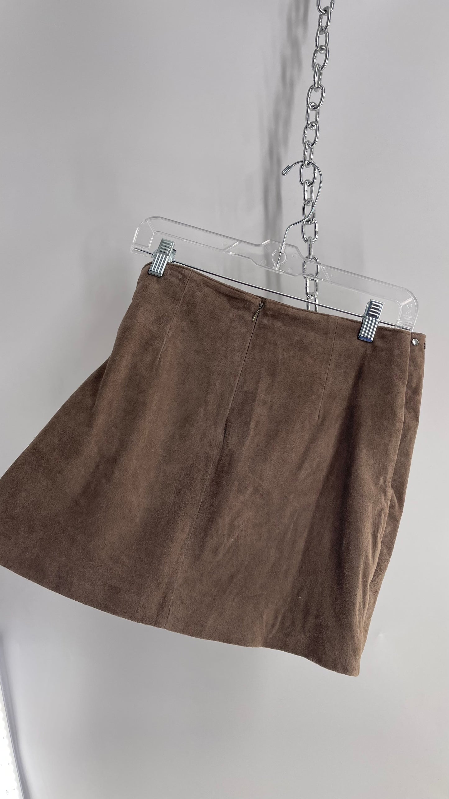 Vintage Studded Taupe Genuine Suede Leather Mini Skirt with Buckle Side Closure (Small)