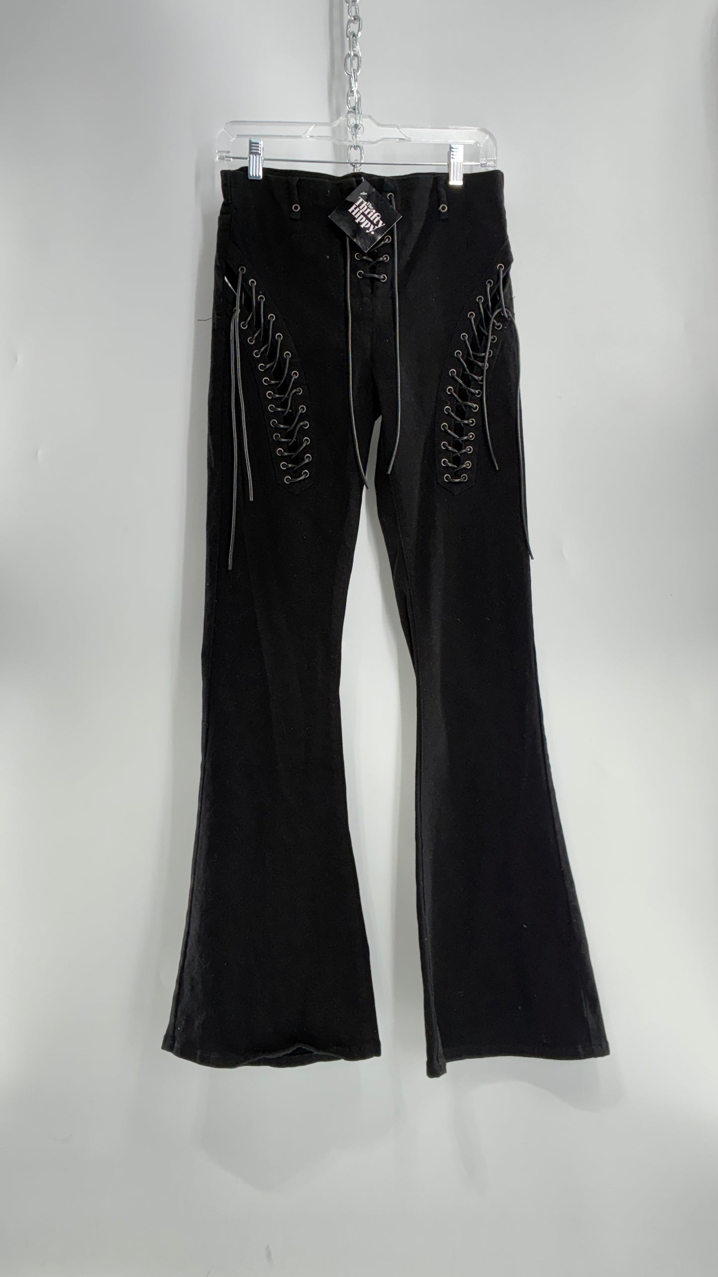 Edikted Black Denim Flares with Open Side Tie Up Details (Medium)