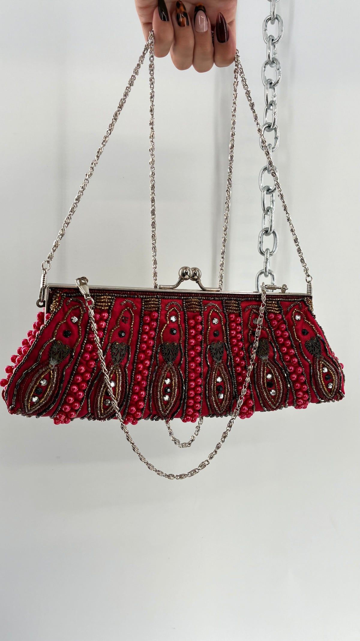 Vintage Red Paisley Beaded Kiss-Lock Evening Bag With Chain Strap