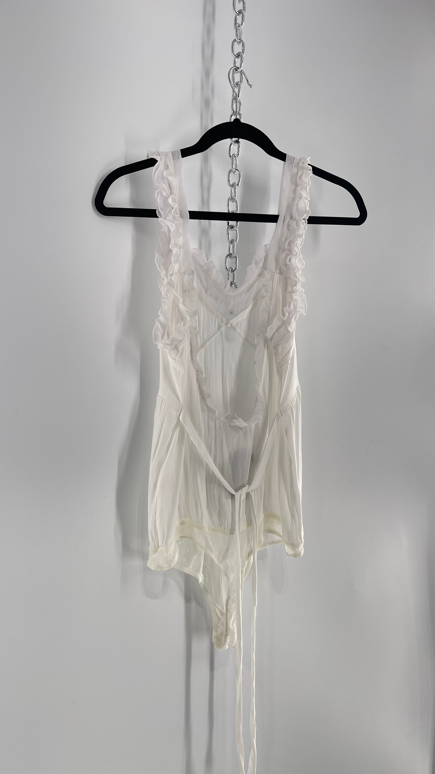 Free People White Silky Soft Bodysuit with Ruffled Bust-line and Straps (M)