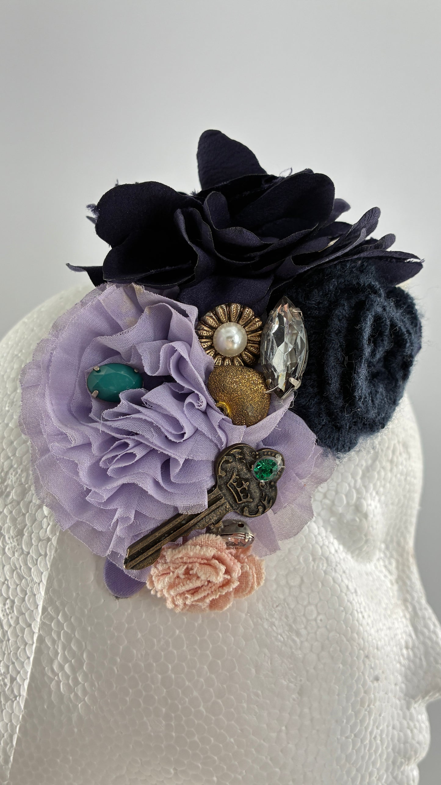Vintage FARMER Handmade Lilac Headband with Purple Ribbon,  Pleated, Floral, and Gemstone Appliqués