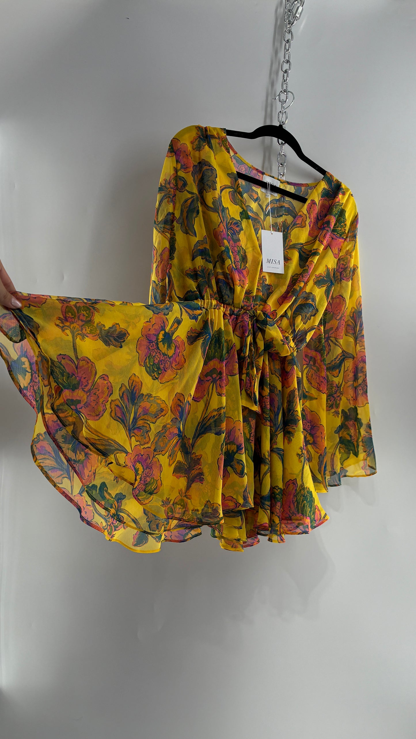 MISA Los Angeles KAIA Yellow Floral Bell Sleeve Long Sleeve Top/Micro Mini Dress with Tags (Small)