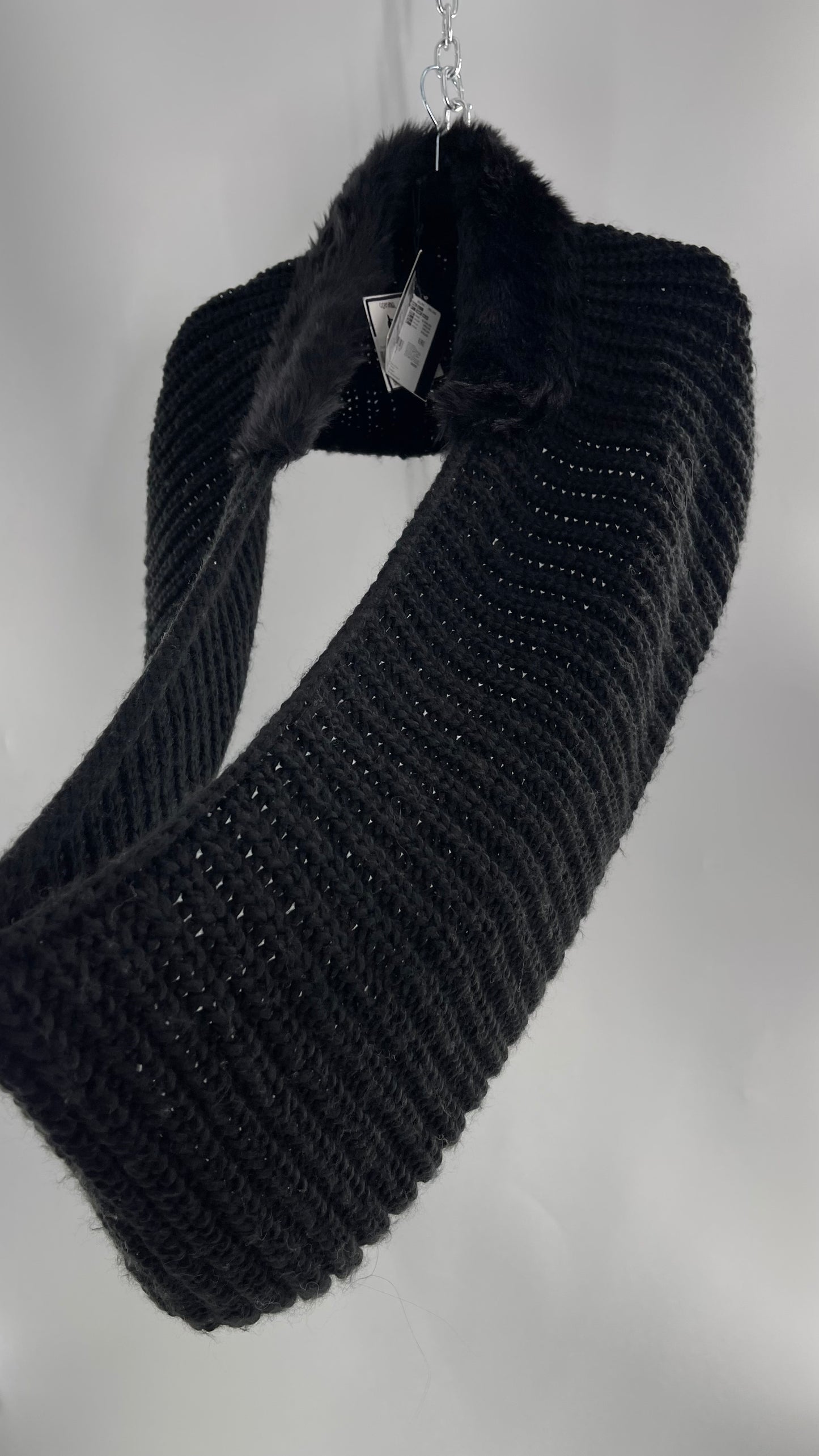 Comma Black Knit Infinity Scarf with Fur Trim Collar and Tags Attached