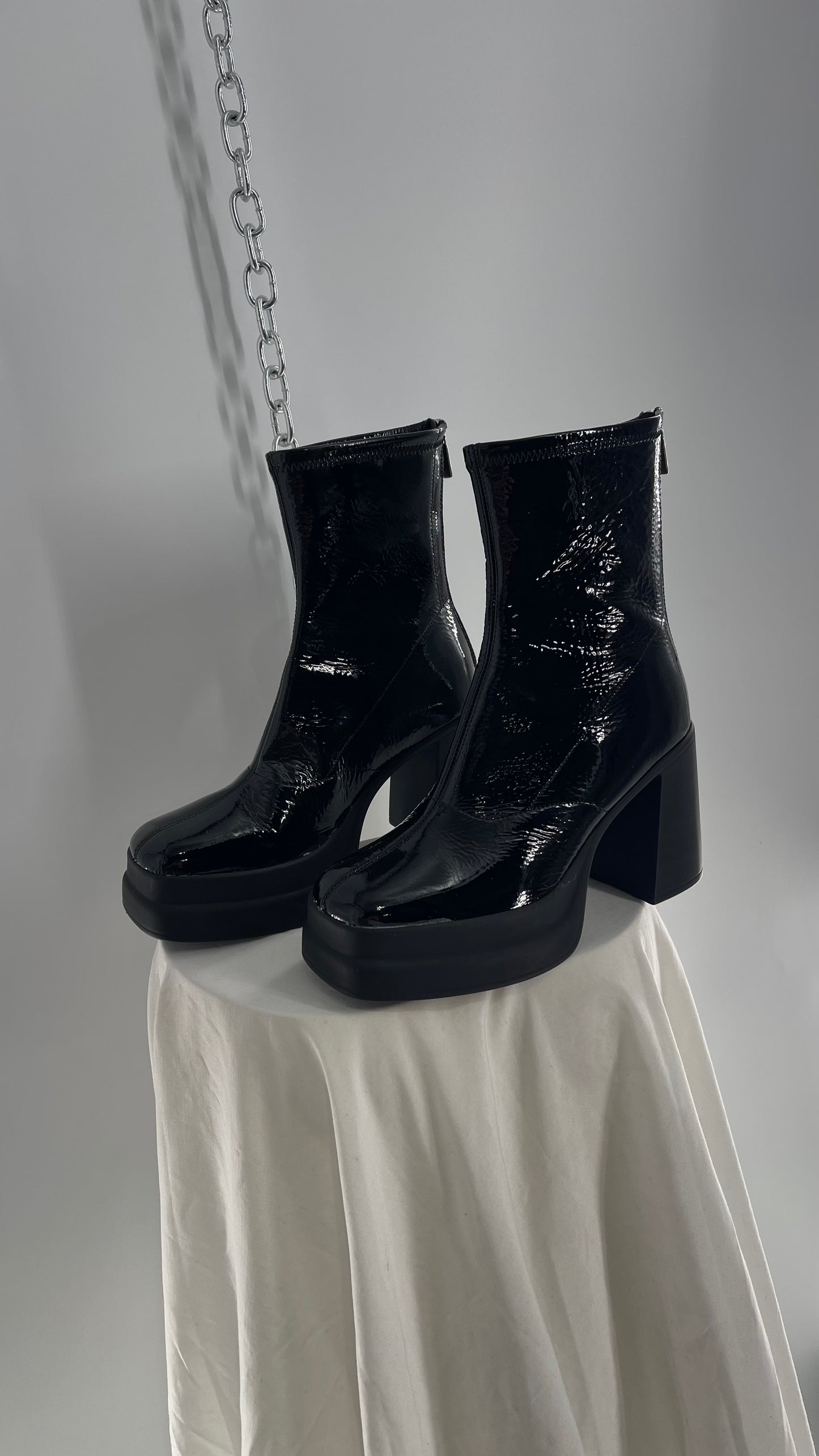 Free People Double Stack Platform Black Patent Leather Boot (38)