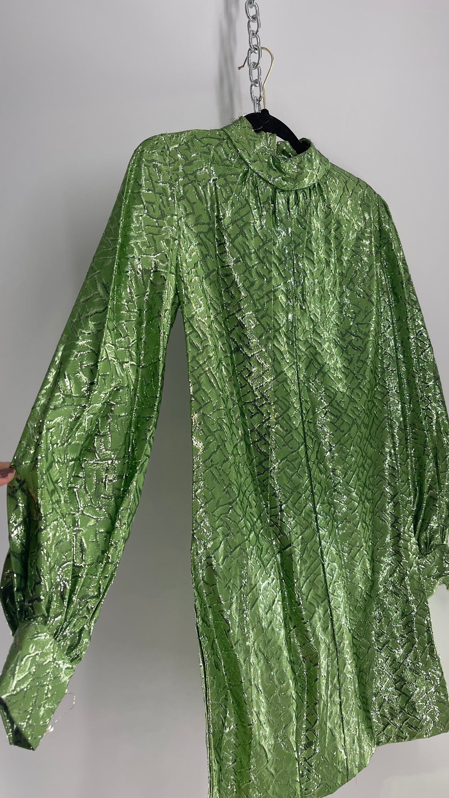 Vintage 1970s Metallic Green Bubble Sleeve, High Neck, Slit Bust and A-Line Form Dress (Small/Medium)