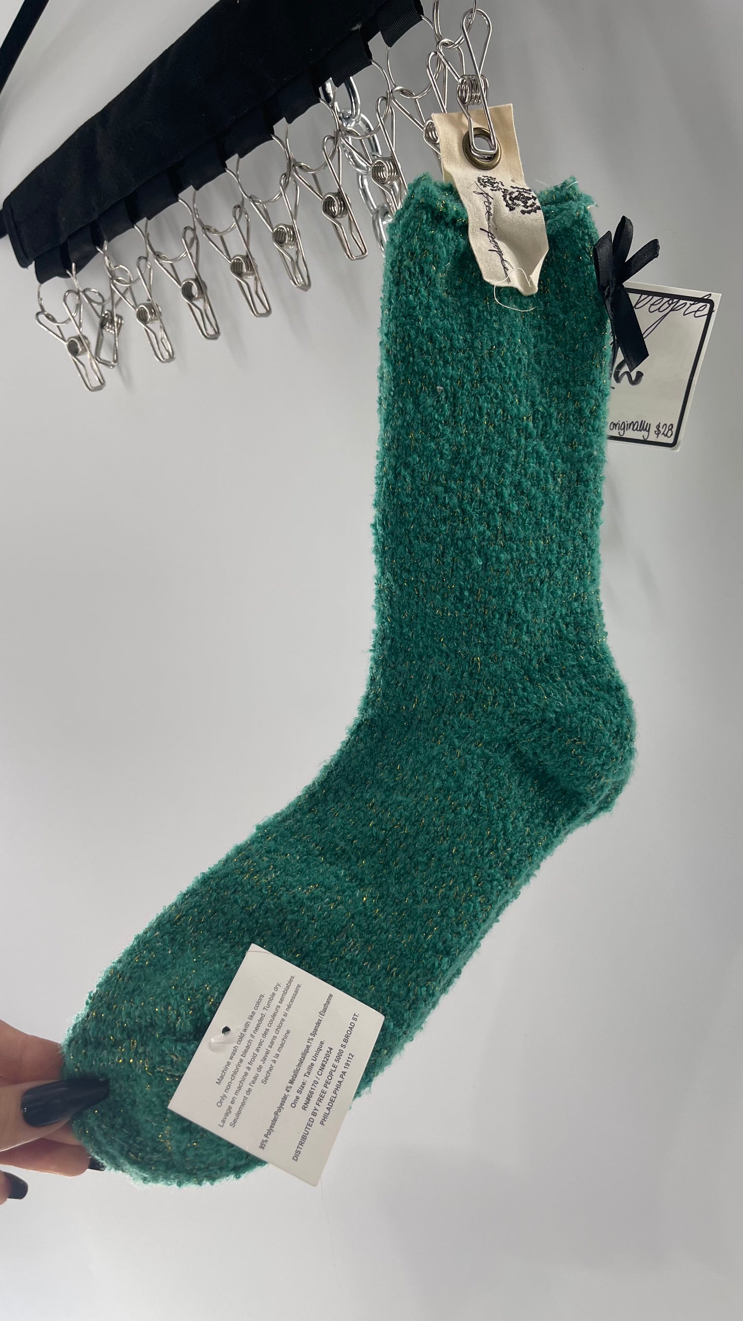 Free People Festive Green Socks with Gold Tinsel and Black Satin Bow Detail