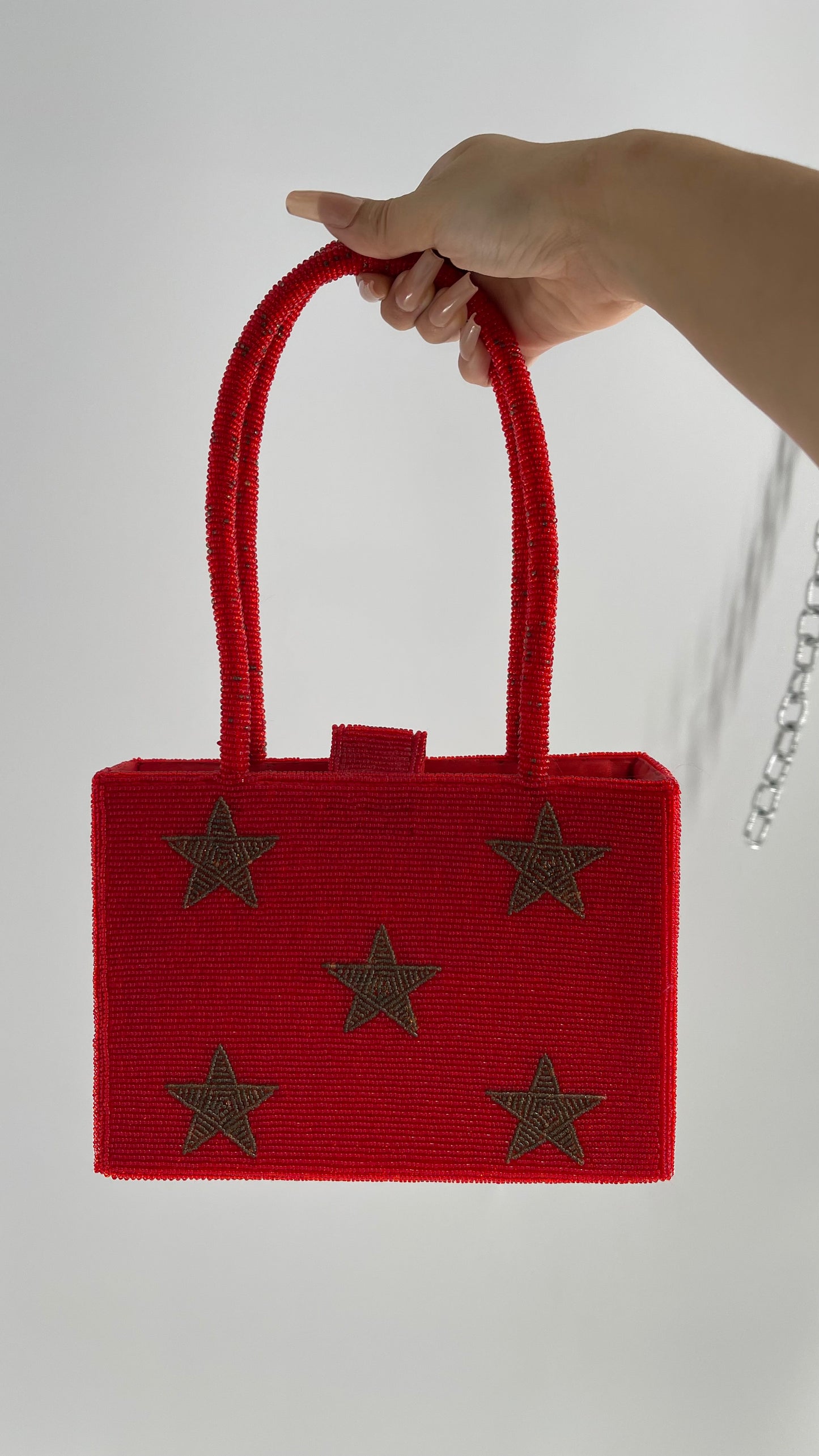 Vintage Lynne Jerome Red Beaded Box Bag with Gold Stars