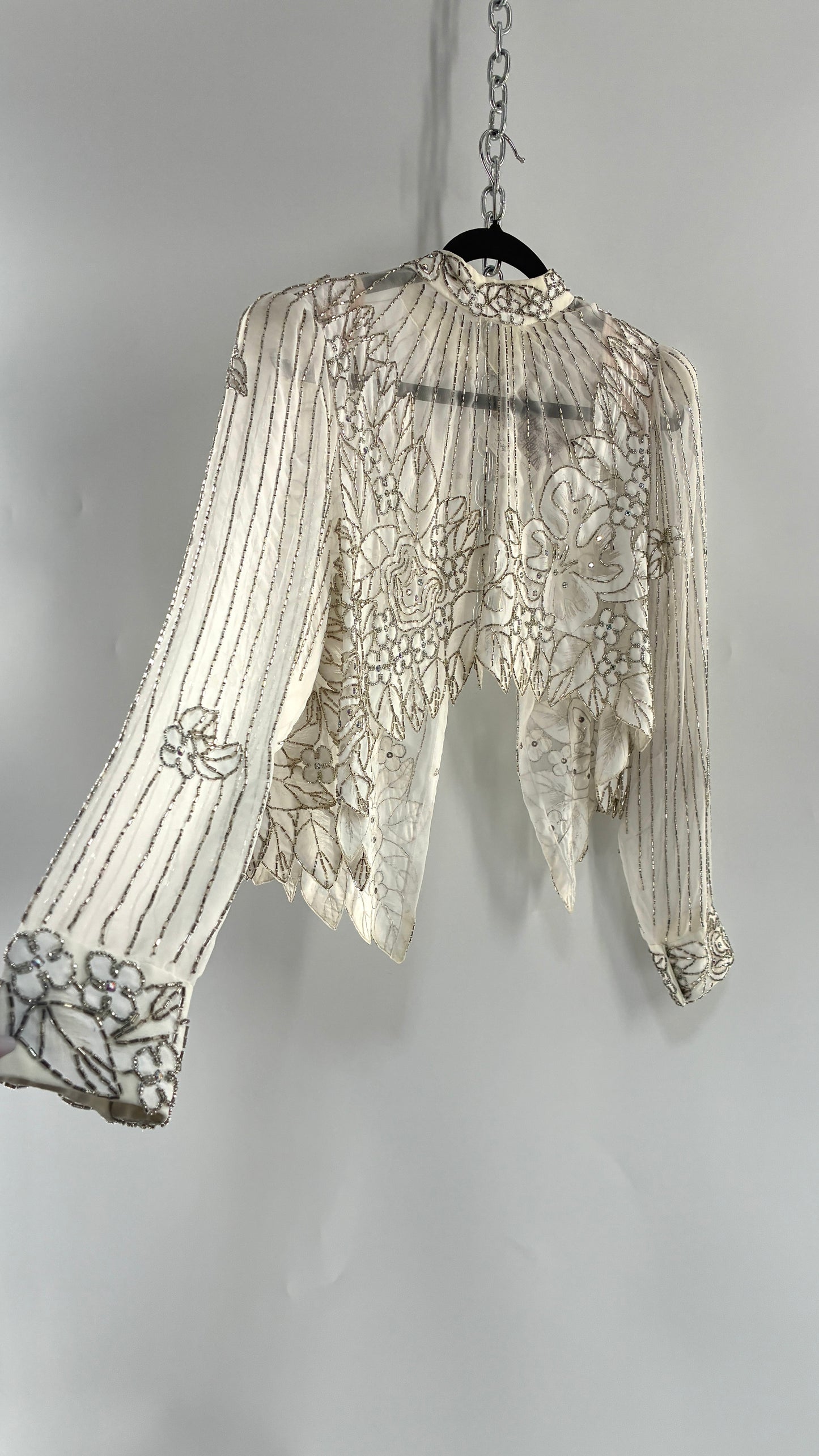 Vintage Sheer White Bridal Beaded Open Back Floral Blouse with High Neck (Medium)