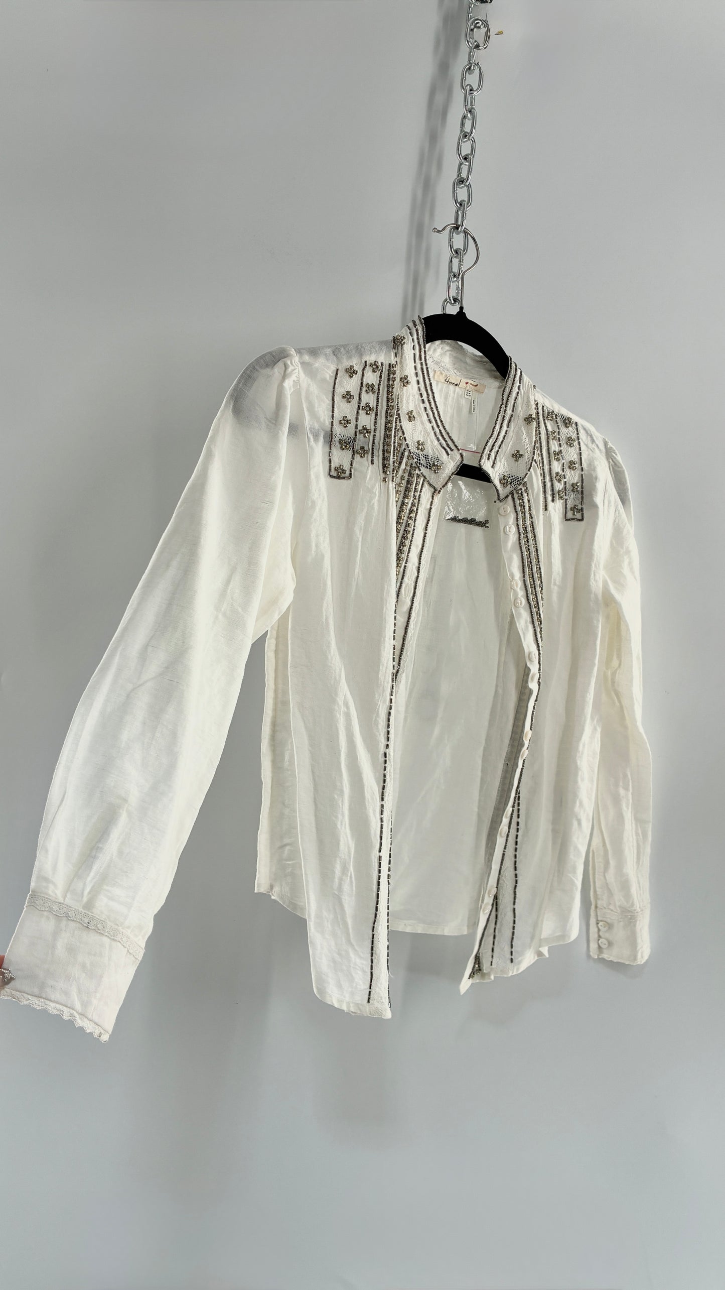 Anthropologie FLOREAT Linen Cotton White Button Up with Lace and Rhinestone Details (4P)