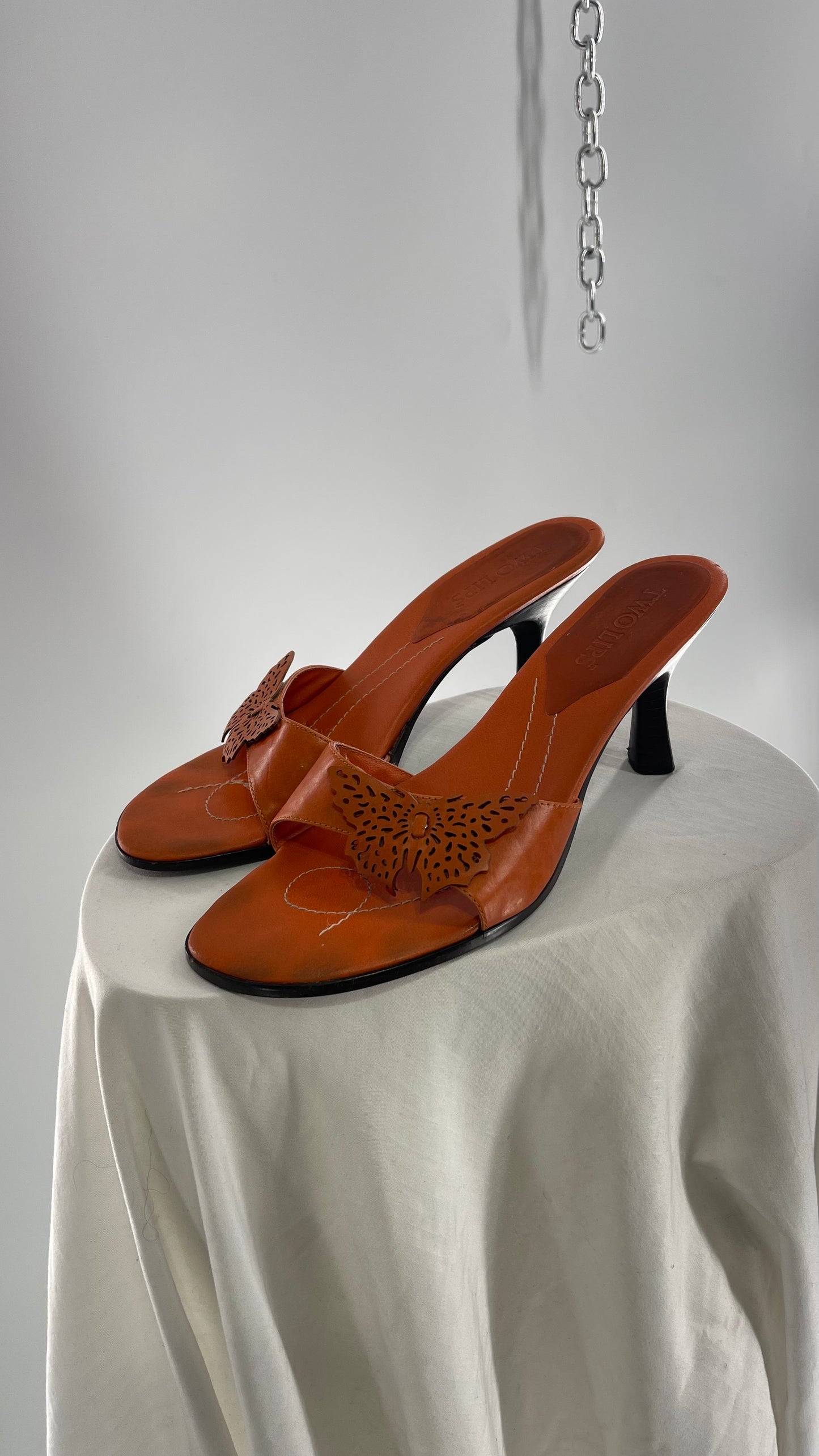 Vintage Two Lips Orange Leather Heels with Butterfly Appliqué (9.5)