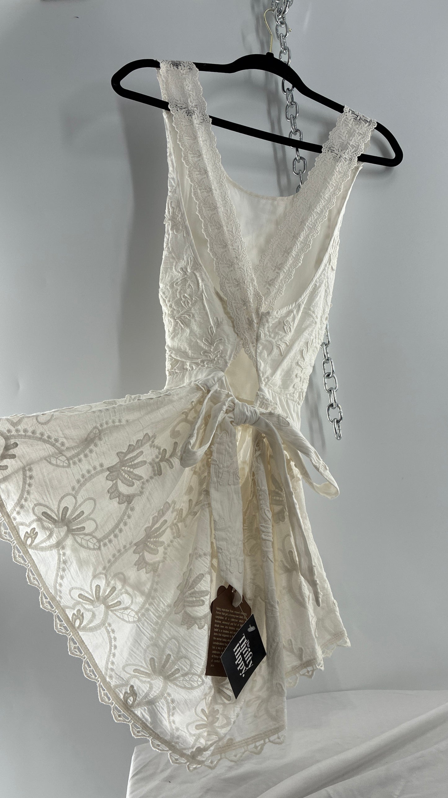Forever That Girl Anthropologie White Apron Style Blouse with Low Open Back, Tie Detail, and Tags Attached (6)