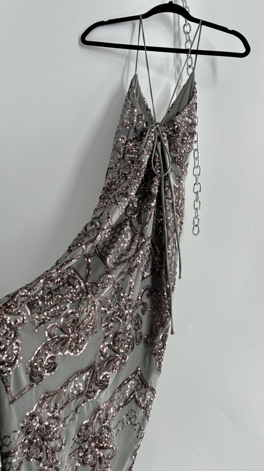 Full Length Grey Sequin Patterned Gown with Back Slit and Tie Up Back(S)