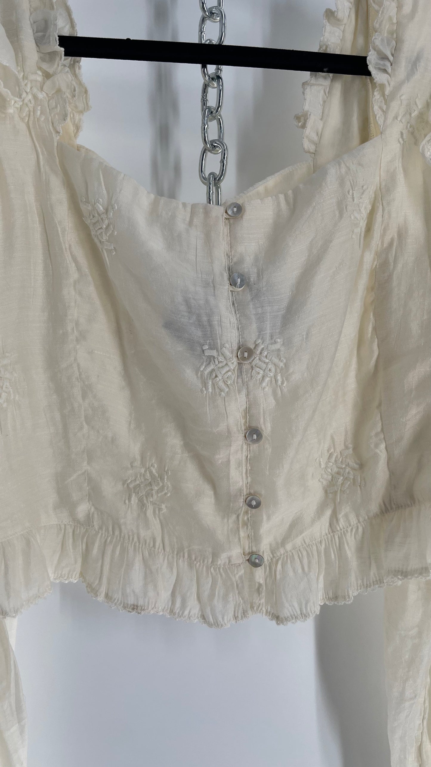 Free People White Cotton Bubble Sleeve Blouse with Embroidered Details  (Medium)