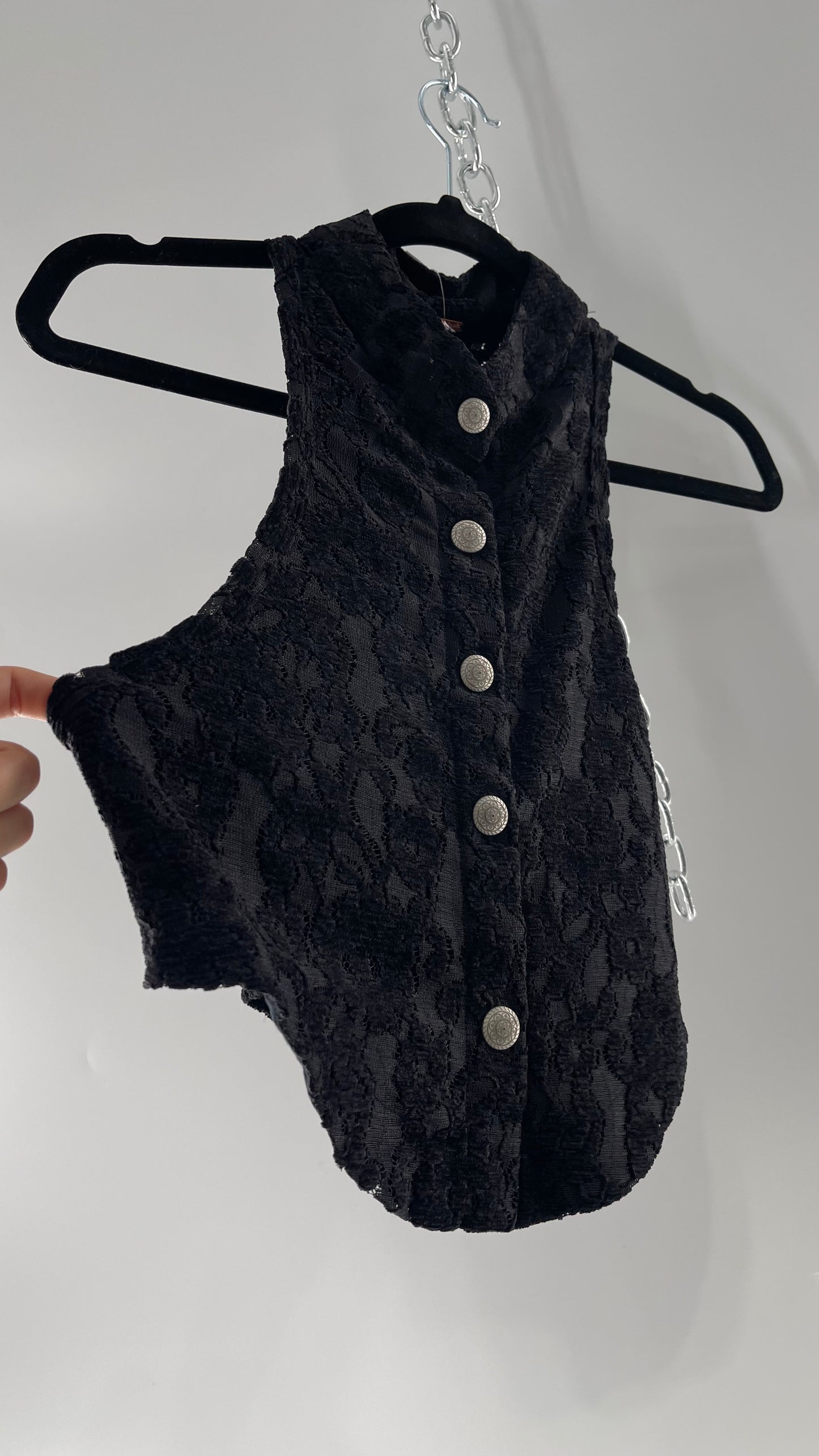 Free People Black Velvet Lace Sleeveless with Metal Buttons (Small)