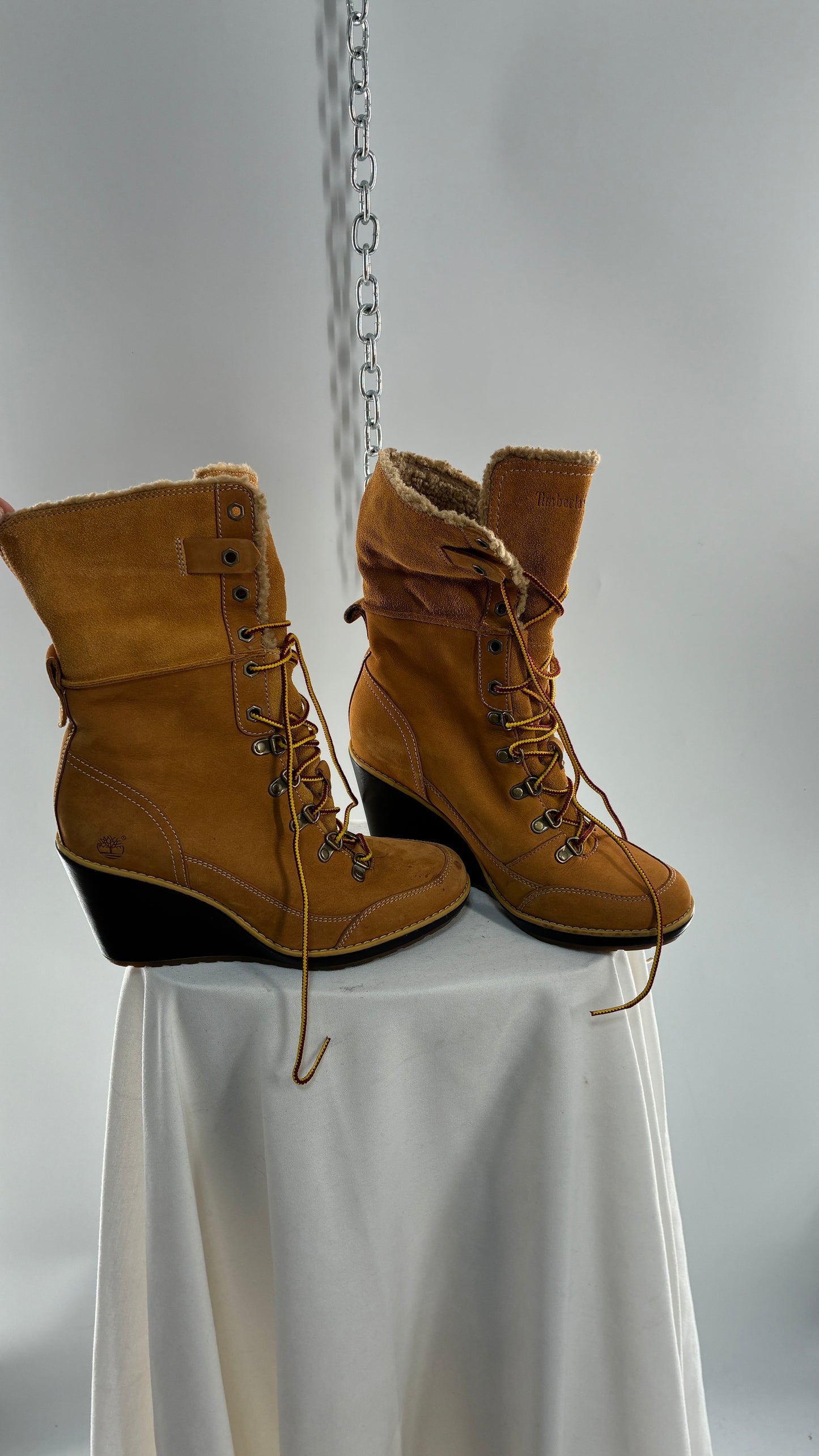 Vintage TIMBERLAND Wedge Boots Suede Leather Tie Up Heels (7.5)