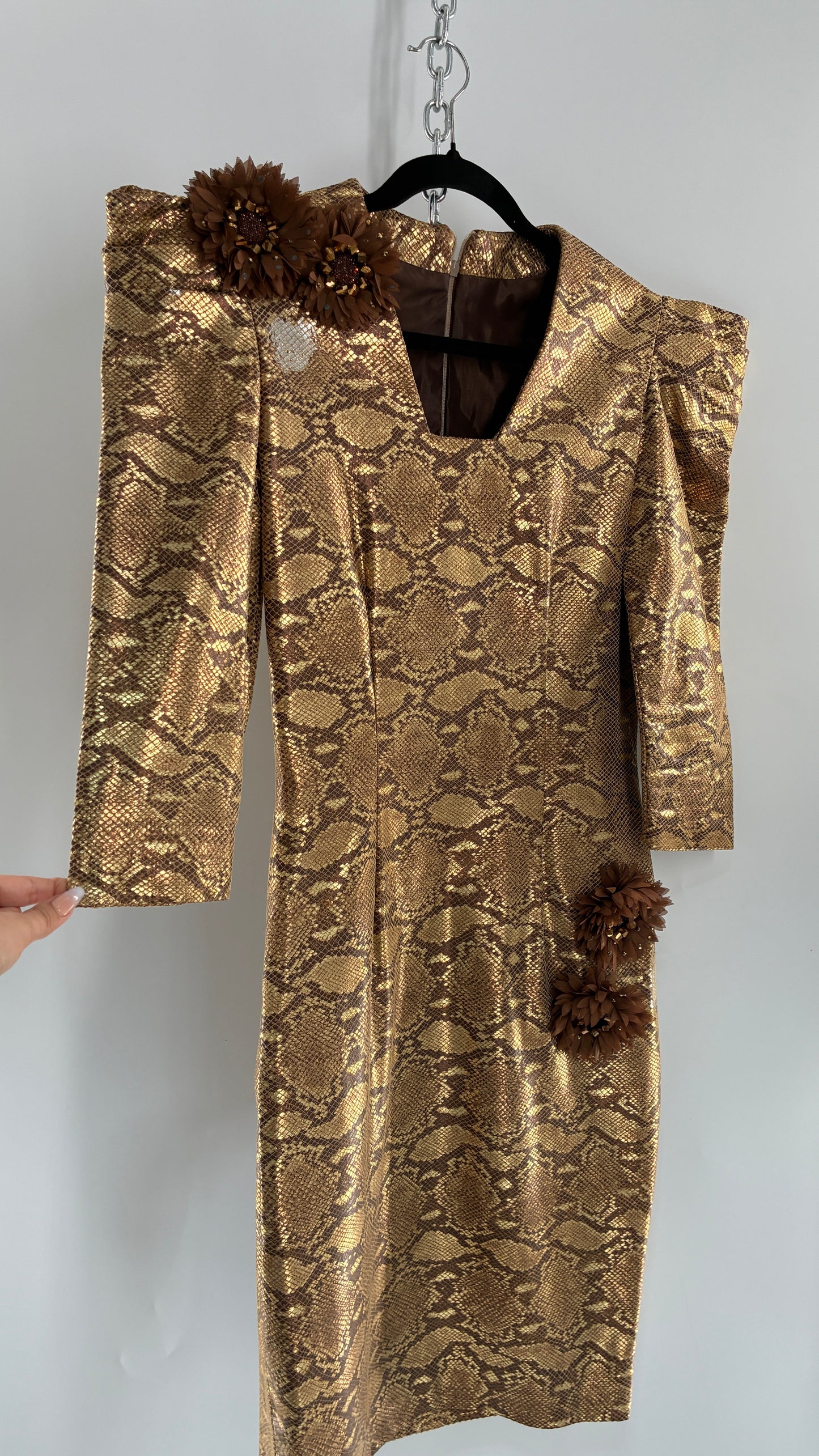 Vintage 1980s Handmade Genuine Leather Snakeskin Bronze Midi Dress with Floral Appliqués (Medium, See Measurements)
