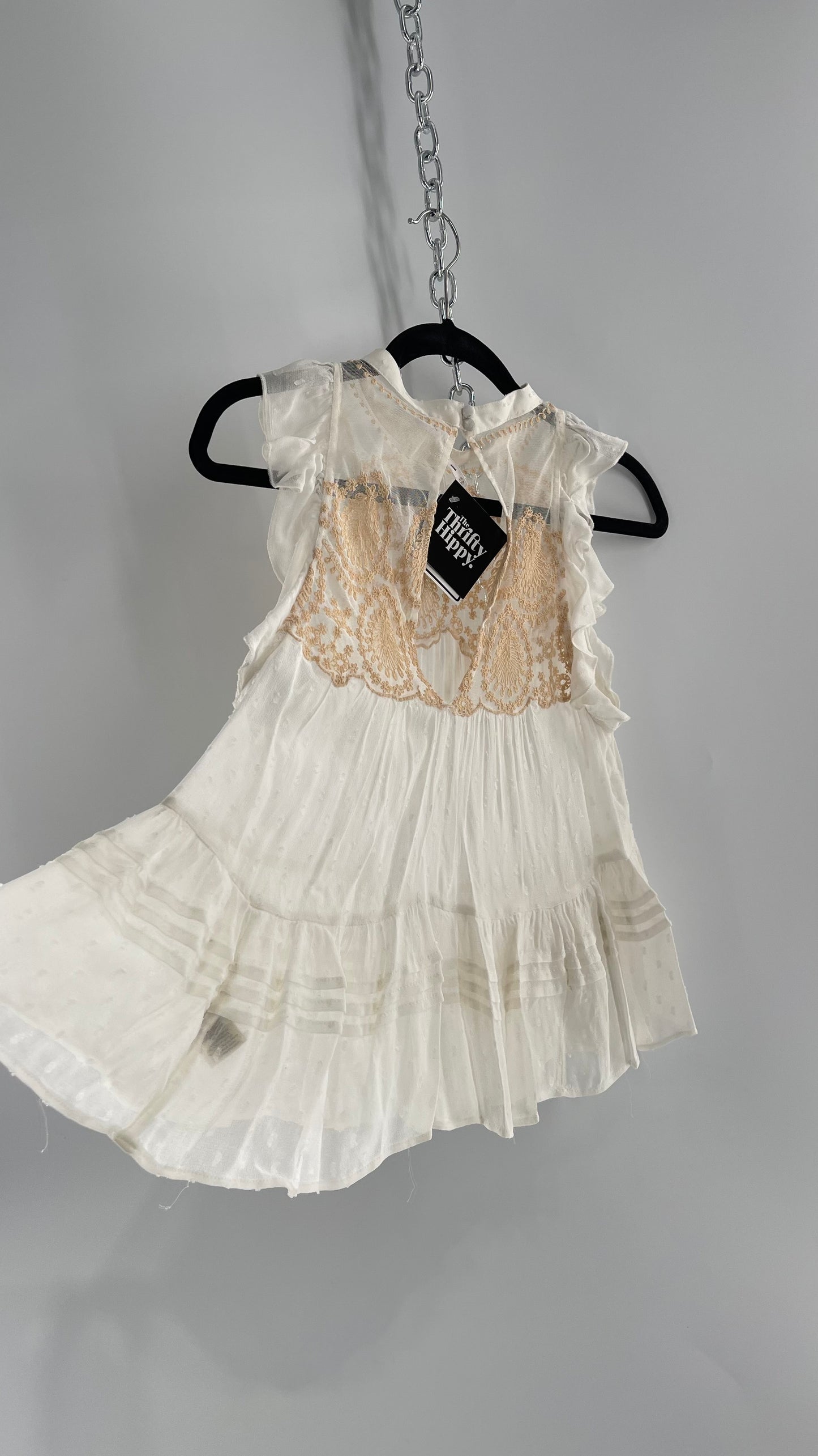 Free People Delicate,Romantic Feminine Sleeveless Blouse with Pleating, Embroidery and Keyhole Back (XS)