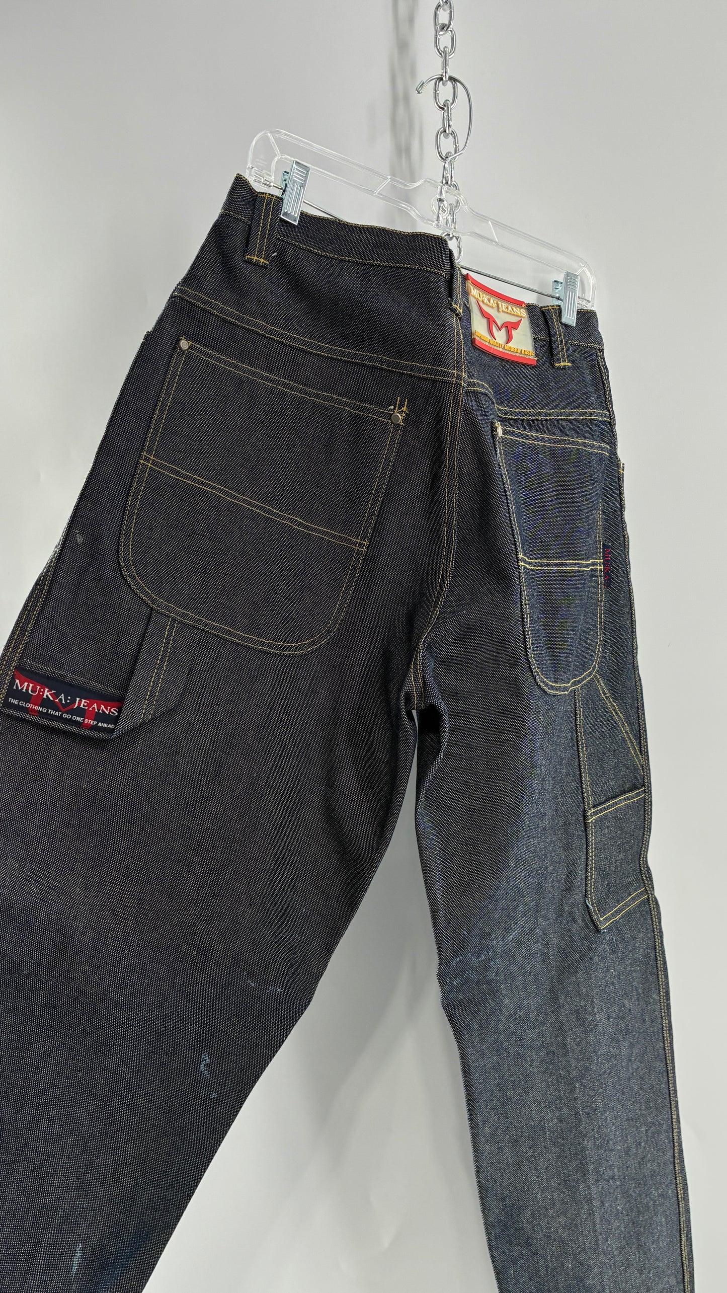Vintage 1990s MU:KA: JEANS Men’s Dark Wash Japanese Style Denim Baggy Straight Legs and Oversized Jacket Set (L, 32x32)