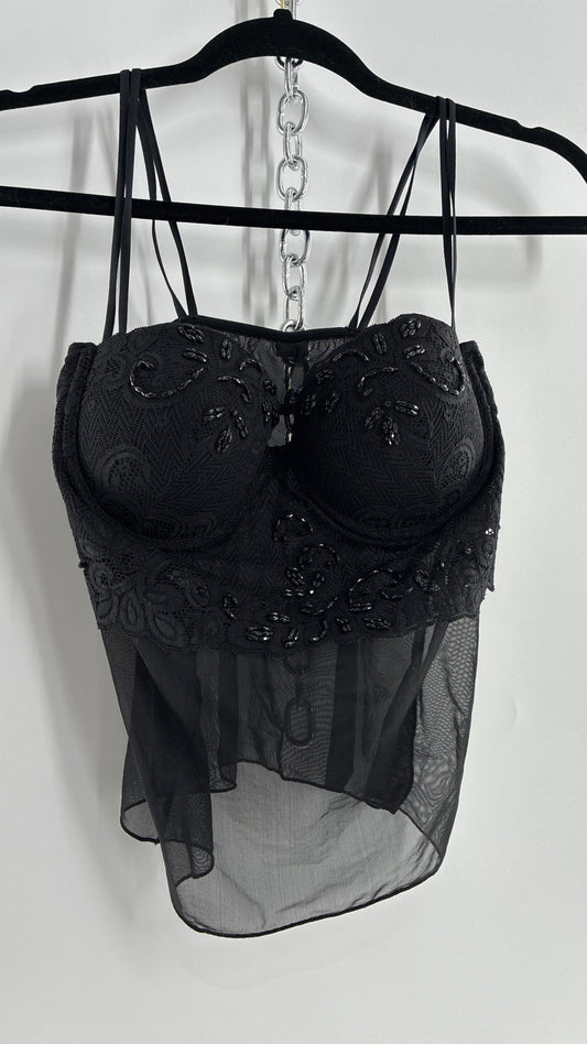 Vintage LA FRESCA Black Lace Bustier Babydoll with Mesh Bodice and Beaded Cups/Band (Large)
