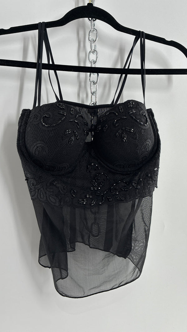 Vintage LA FRESCA Black Lace Bustier Babydoll with Mesh Bodice and Beaded Cups/Band (Large)