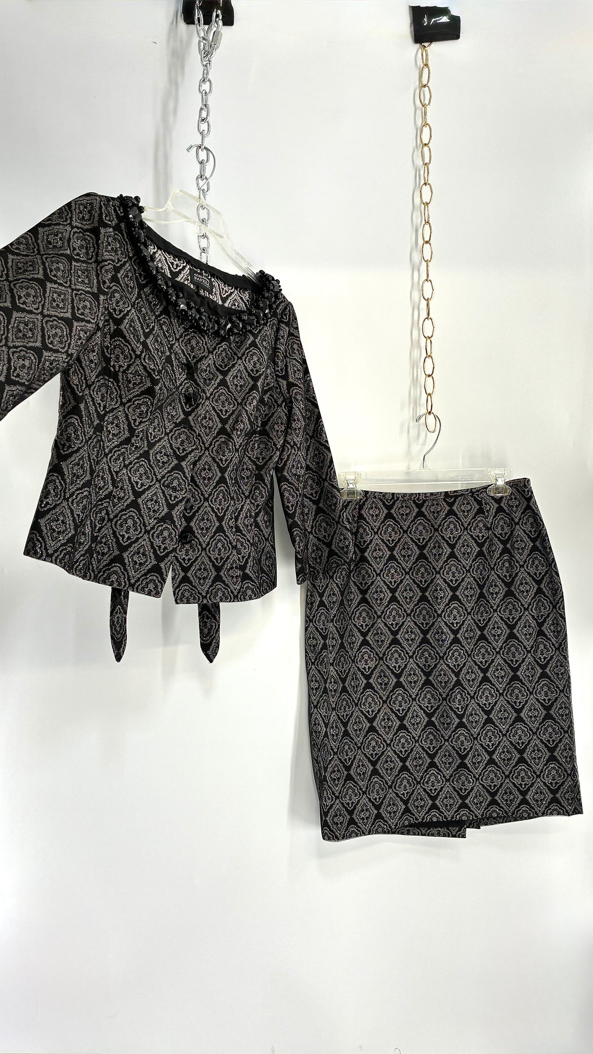 Vintage ADRIANNA PAPPELL Set with Brocade Underlay, Black Mesh Overlay, Waist Snatch, and Mini Skirt (10,8)