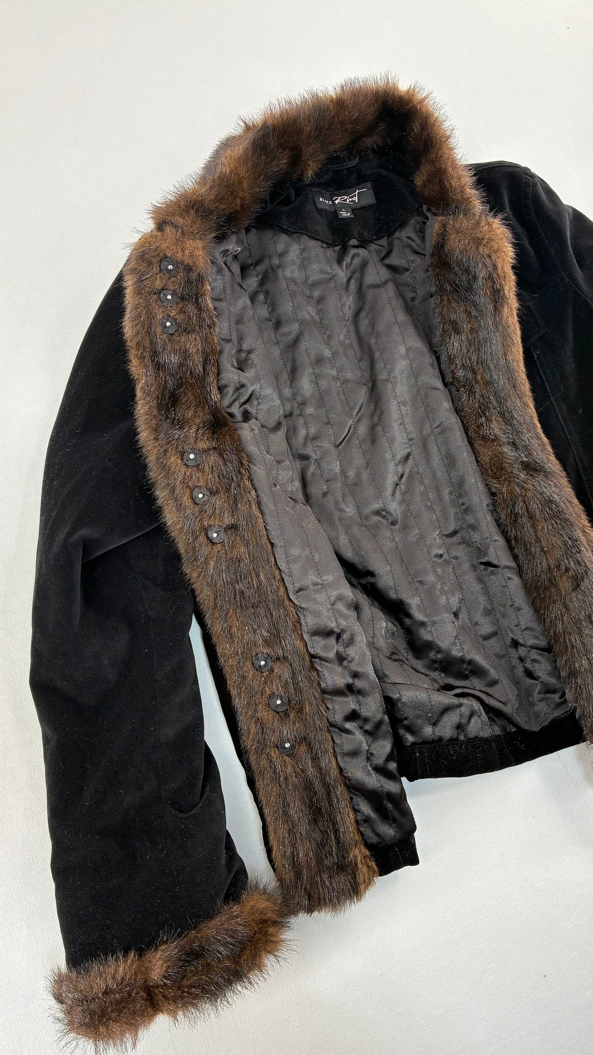 Vintage BLACK RIVET Velour Jacket with Vegan Fur Trim Collar and Cuffs (Large)