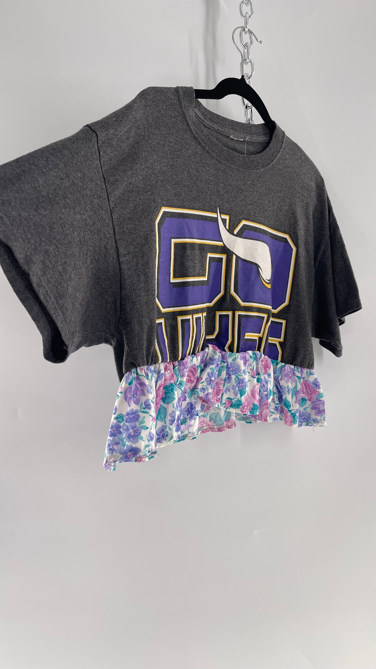 Urban Outfitters Reworked Go Vikings Sports T with Floral 80s Ruffle (M)