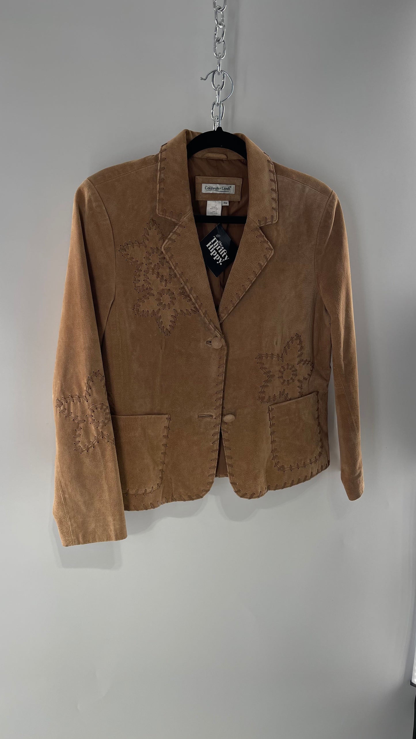 Vintage Rare Light Brown Genuine Suede Blazer with Embroidered Suede Flower and Contrasting Thick Leather Stitching (Medium)