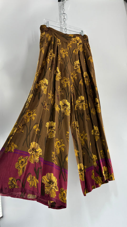 Anthropologie MAEVE Mustard Wide Leg Pants with Mauve Hemline and Floral Pattern (12P)