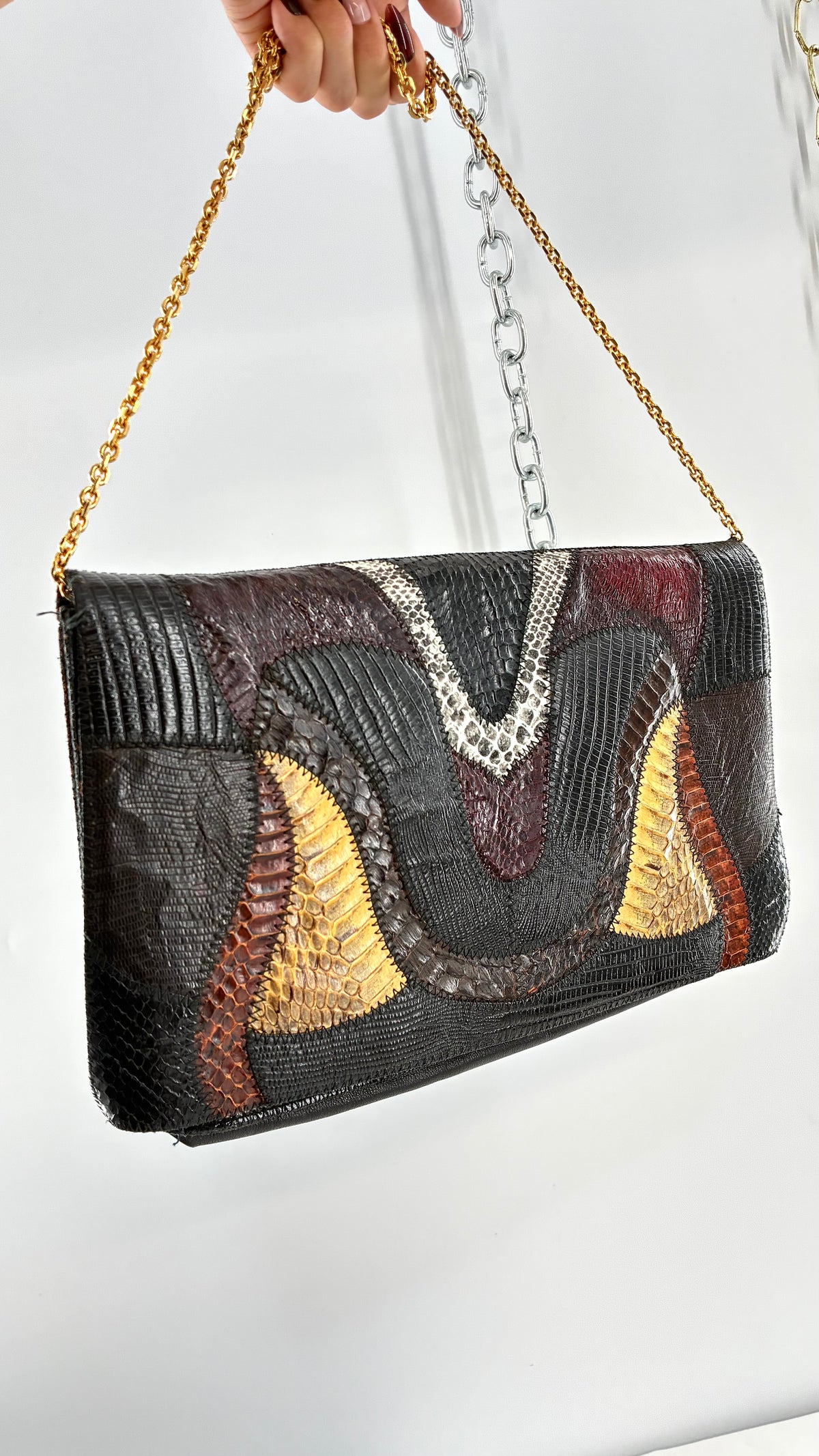 Vintage Exotic Genuine Leather Multicolor Reptile-Texture Patchwork Clutch With Chain Strap