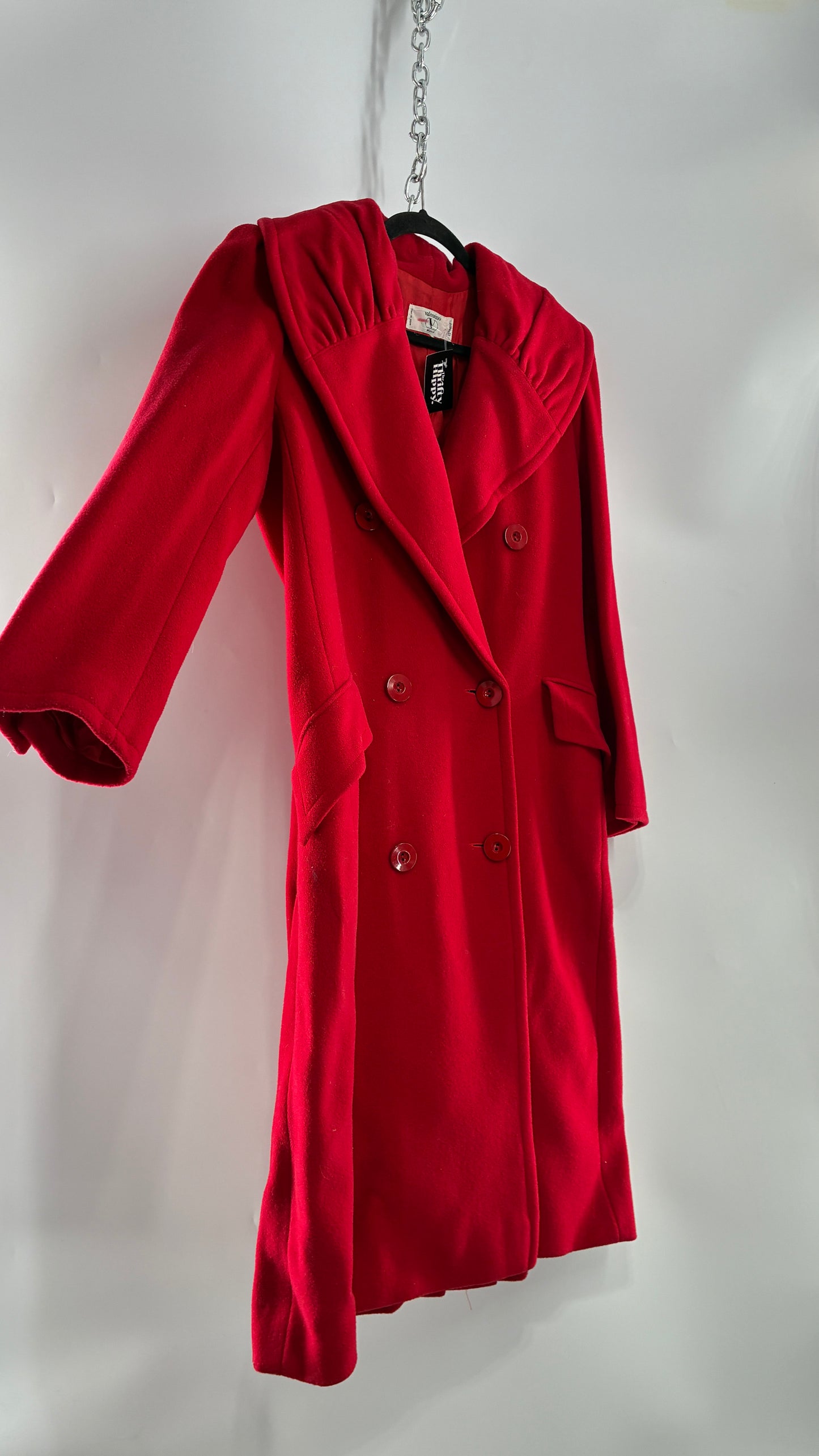 Vintage VALENTINO Miss V Red Sweeping, Tie Back and Pleated/Draped Collar Coat