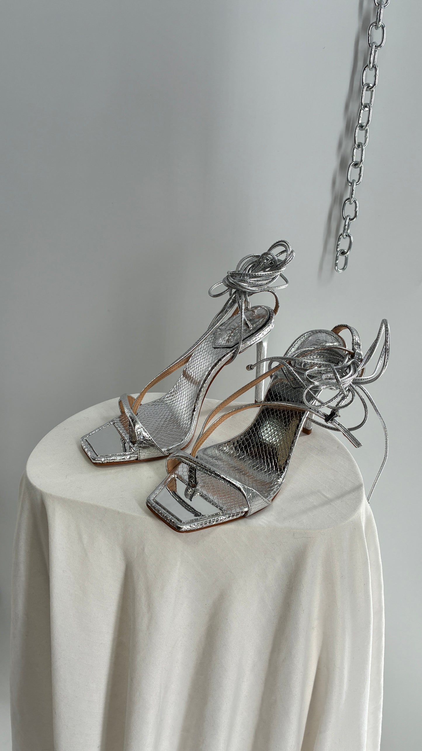 SCHÜTZ Silver Angular Tie Up Heels with Mirror Toe Detail (7)