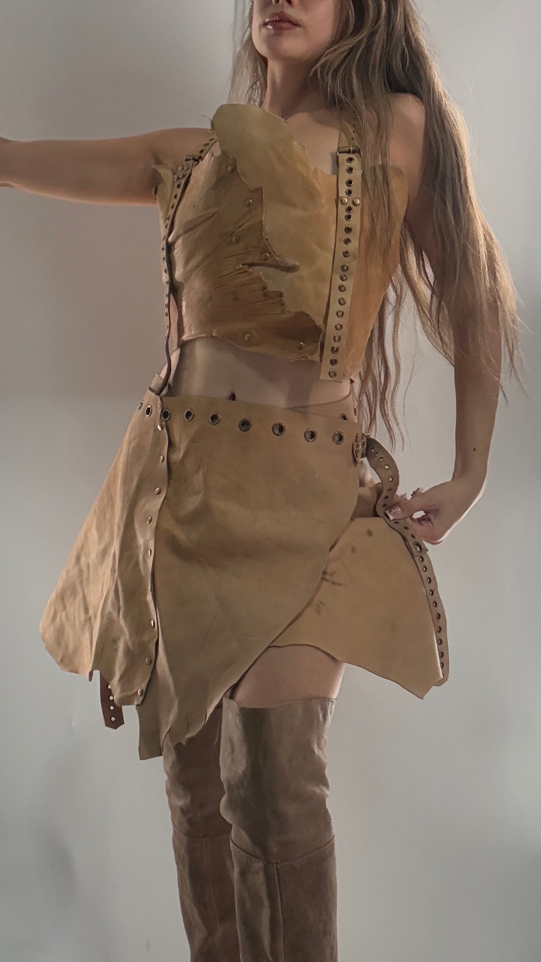 CUSTOM Handmade Rugged and Reversible Distressed Leather Two Piece Set with Grommet Waistband (XS-XL)