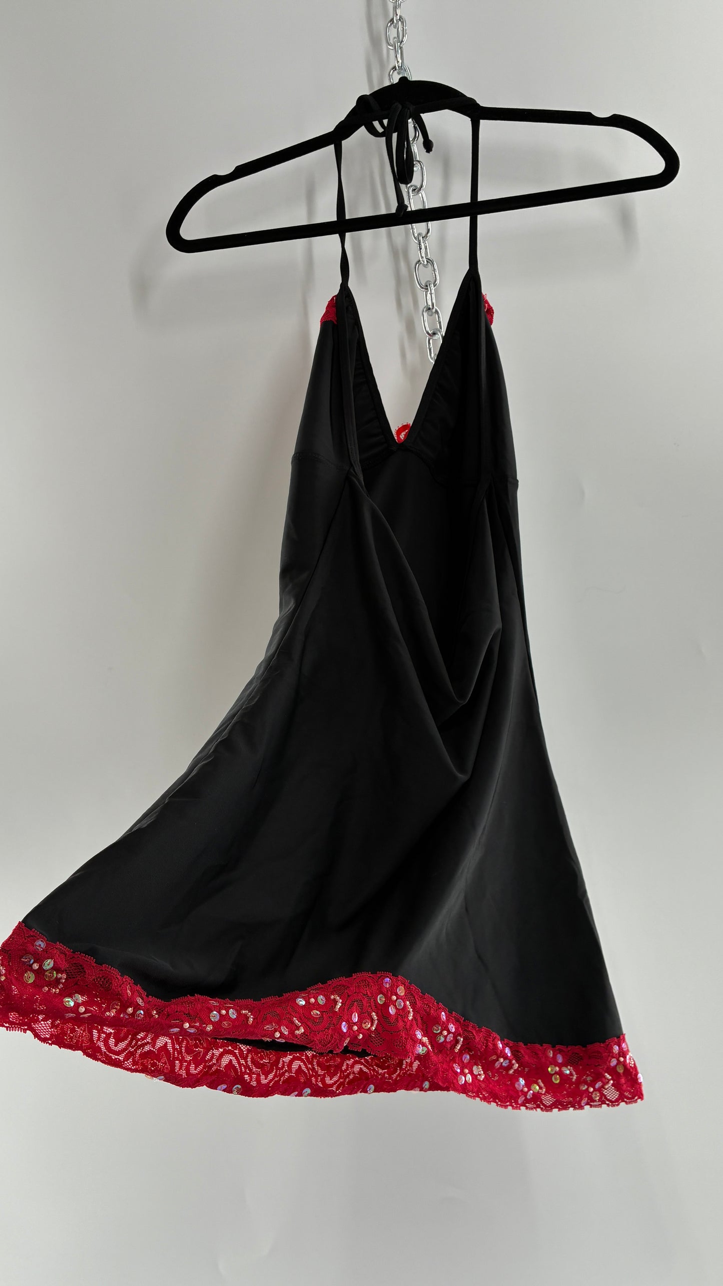 Vintage PROMISCUOUS Black Camisole Slip with Red Ruffled Sequin Lace and Scalloped Bum  (XL)