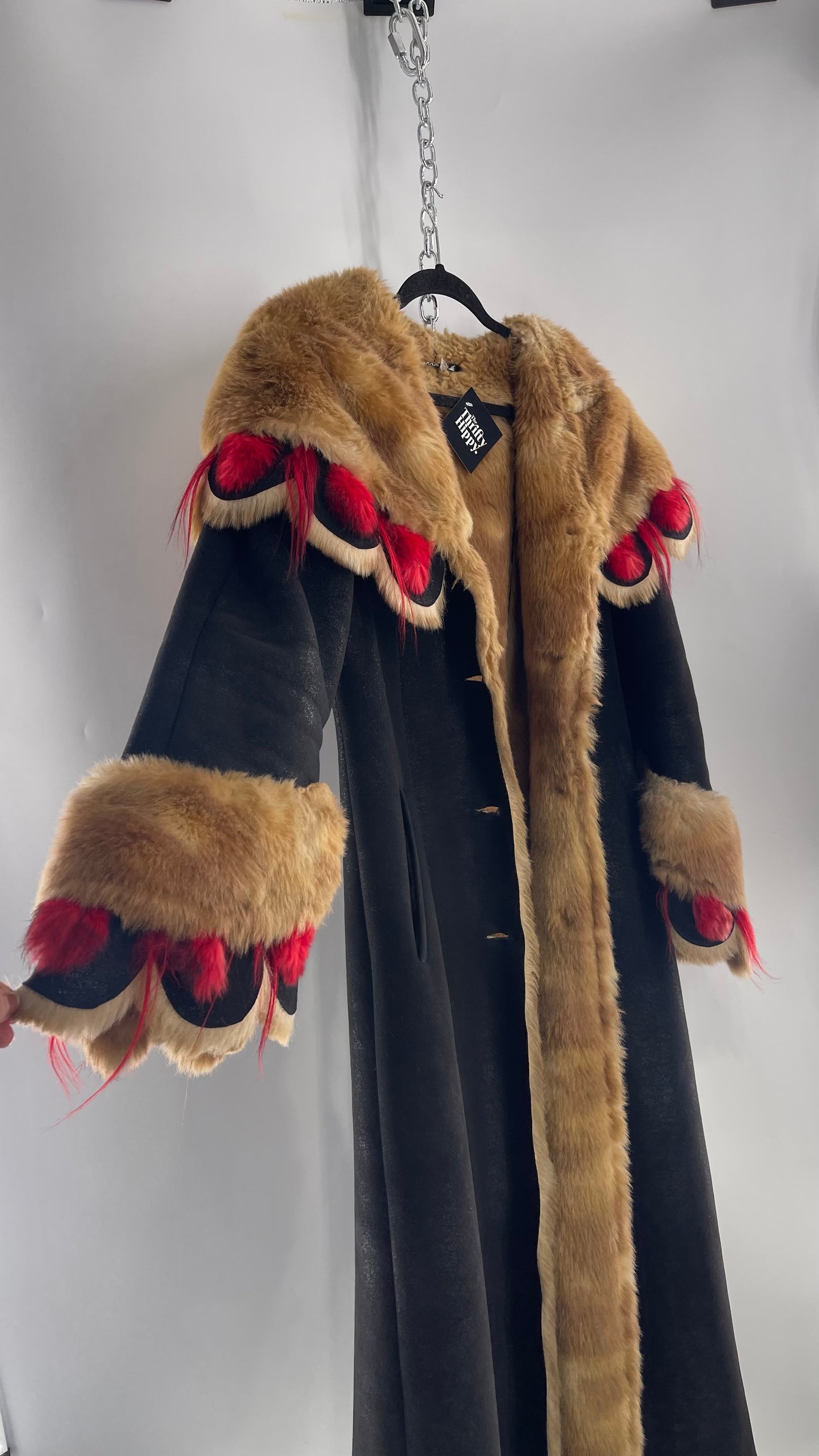 Vintage Russian Black Coat with Brown Fur Piping/Lining, Red Feathers, Scalloped Sleeve, and Hood (Medium)