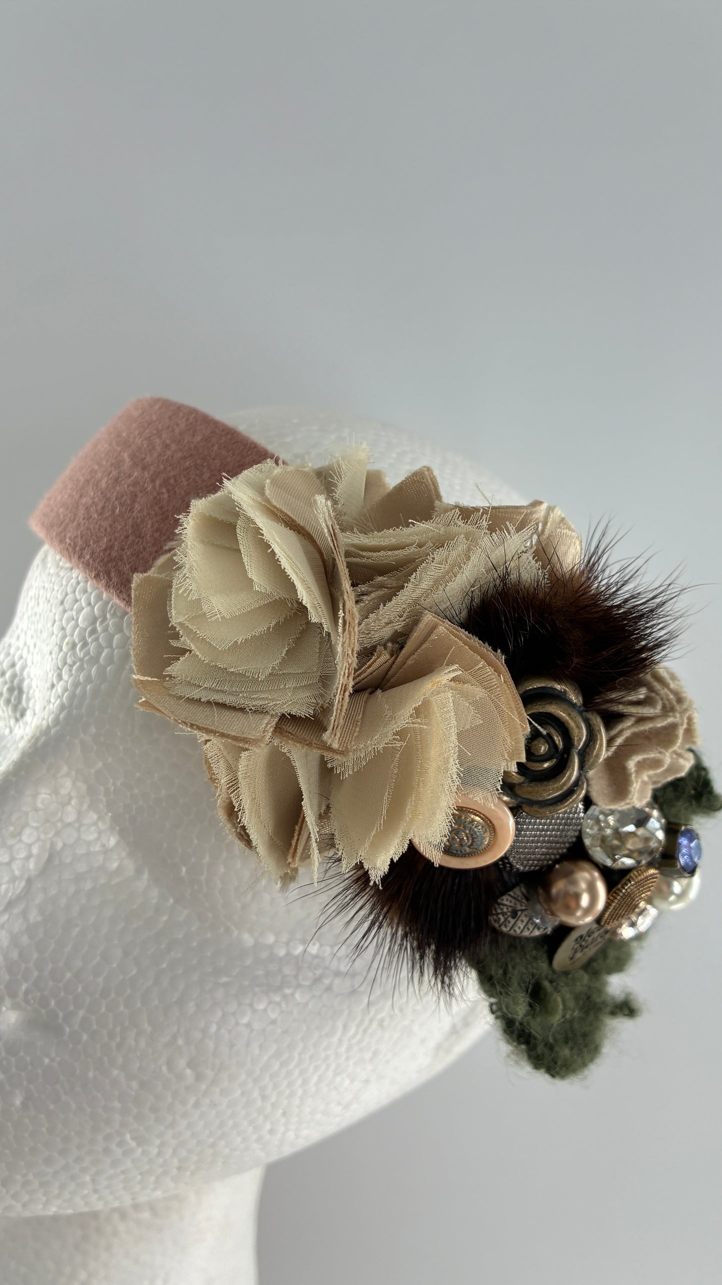 Vintage FARMER Handmade Pink Knit Headband with Wool, Buttons and Fur Appliqués