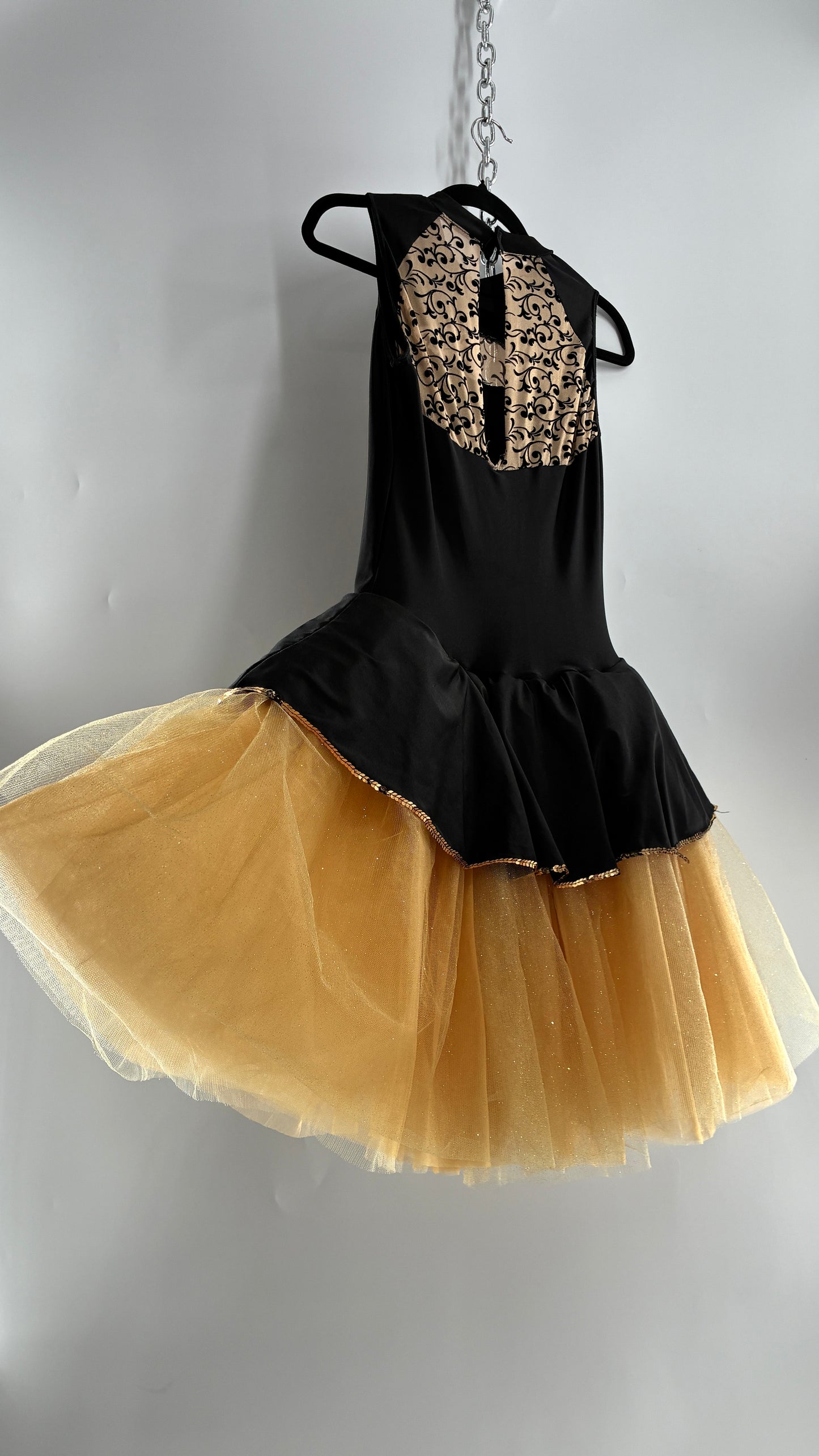 Costume Dancewear Mini Dress with Full Tulle Skirt, and Lace Appliqués (Medium Adult)
