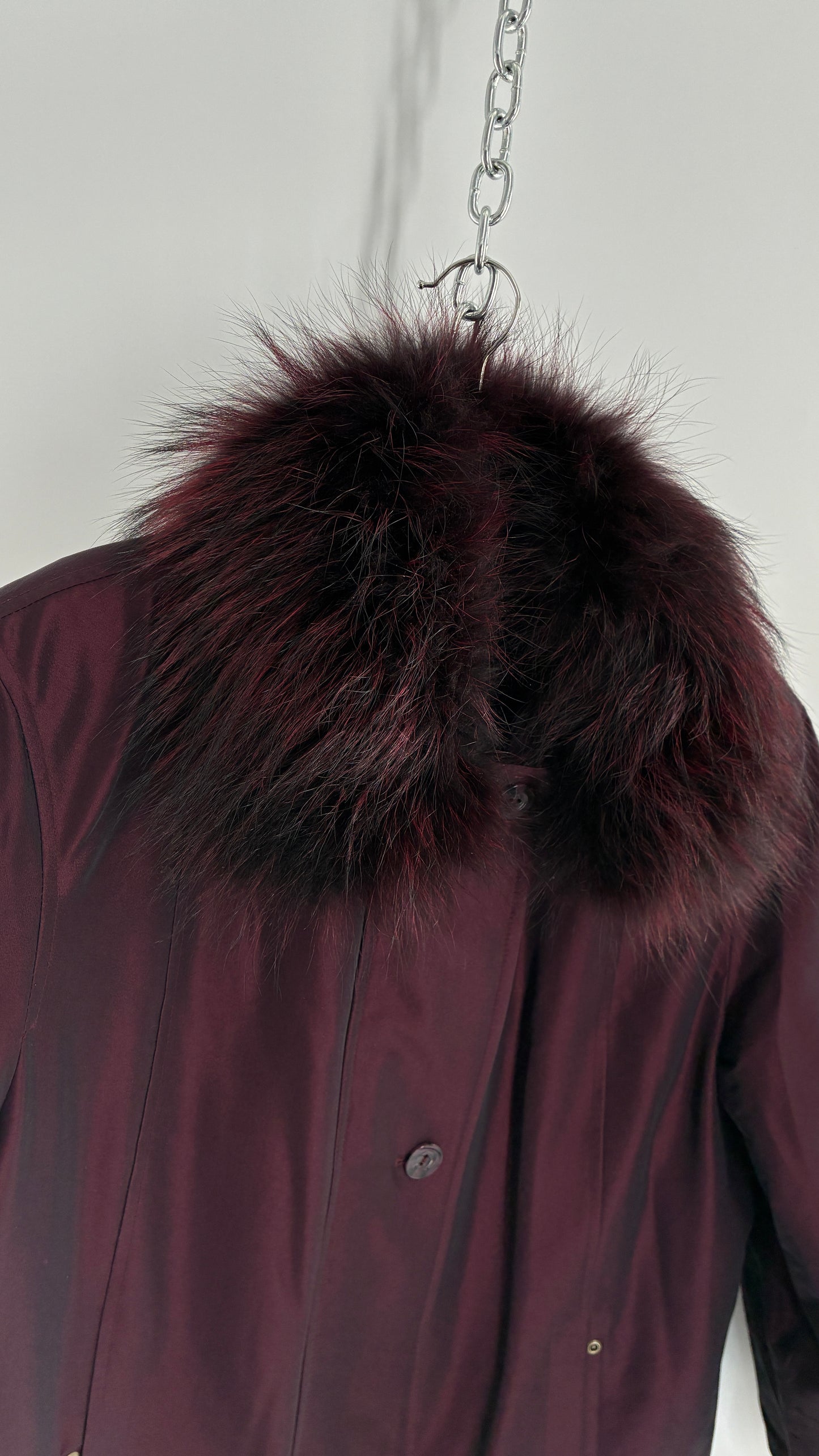 Vintage FLEET STREET Metallic Iridescent Purple Jacket with Exaggerated Genuine Fur Collar (Medium)