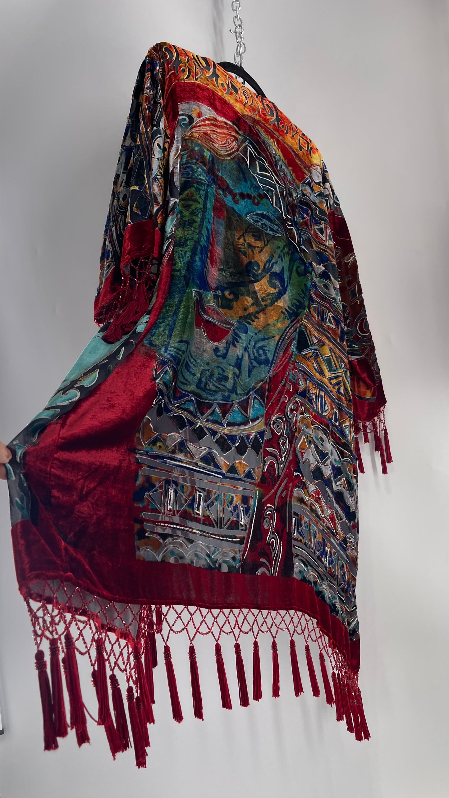 Vintage Burnout Buddhist Motif Velvet/Velour Beaded Fringe Duster Coat/Kimono with Tassel Sleeves and Hems (M/L)