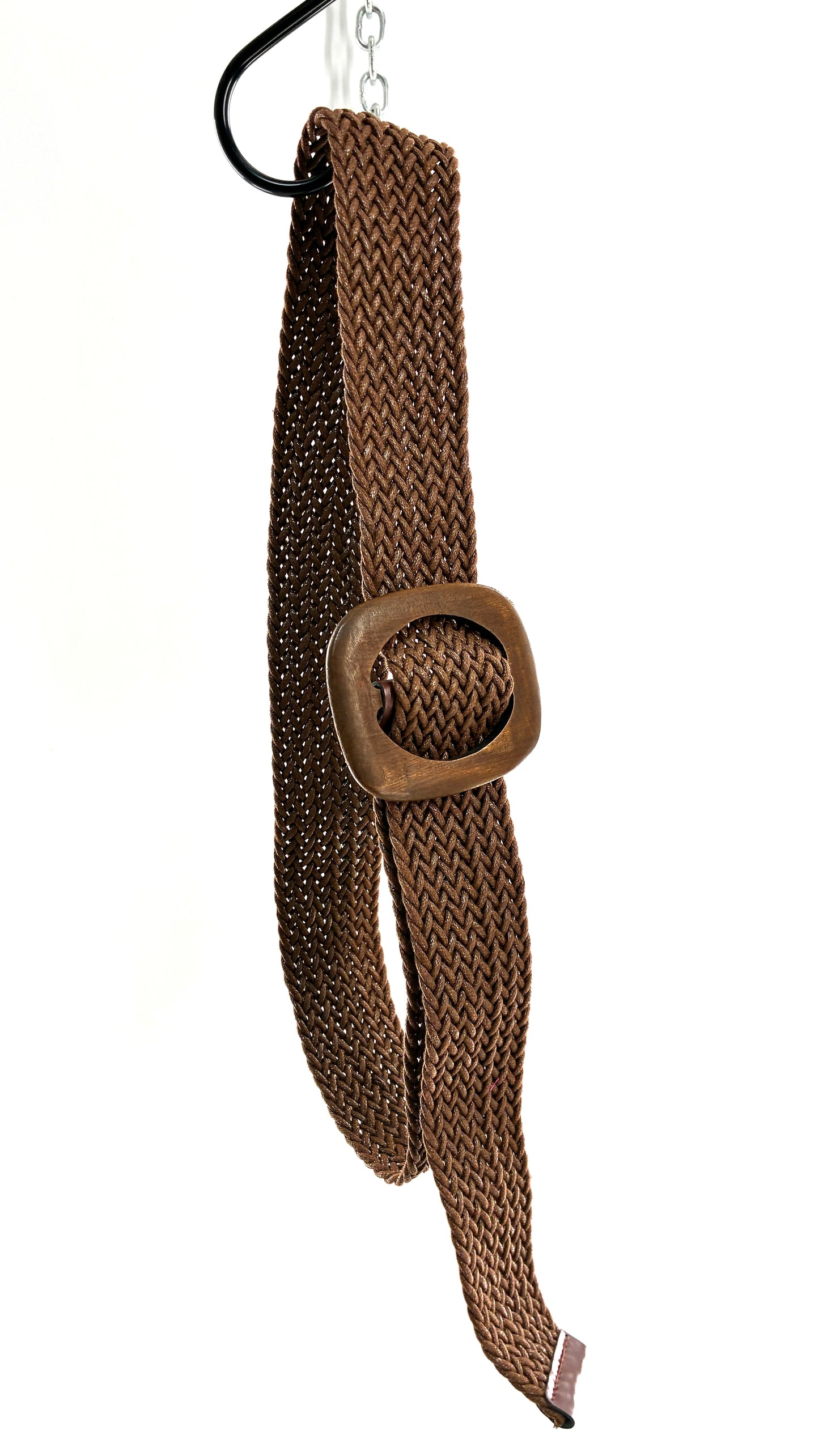 Vintage Brown Thick Rope Belt with Large Wooden Square Buckle (OS)