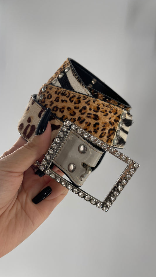 Vintage Pony Fur Animal Print Patchwork Belt with Rhinestone Buckle and Embellishments (Medium)